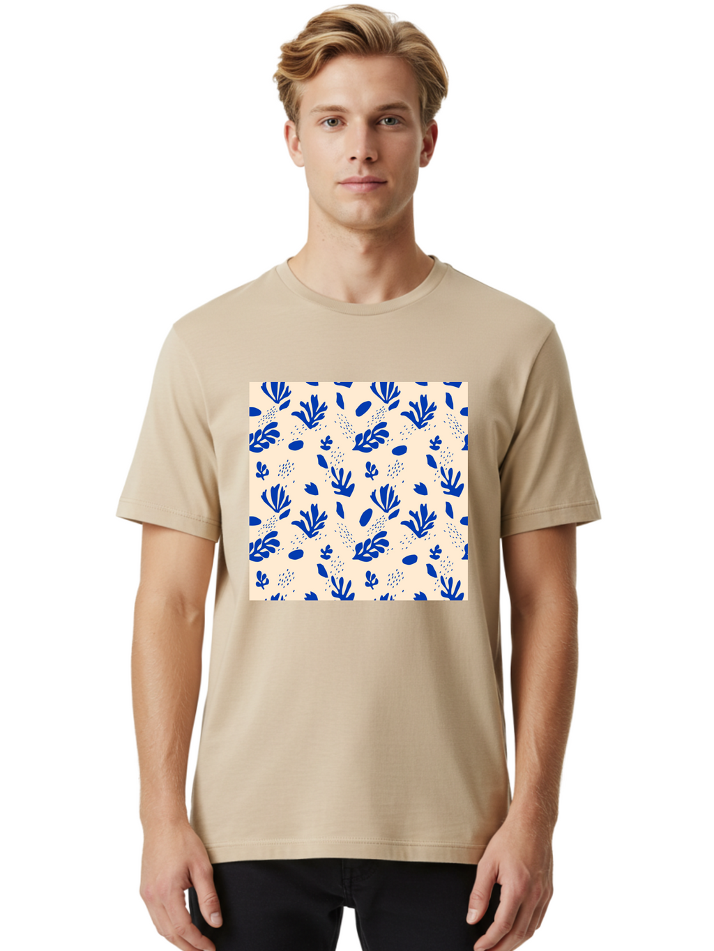 Blue-Florals Men'S Graphic Tee, 100% Cotton, Comfortable Casual Summer Wear, Machine Washable, Blue Flowers, Floral Pattern, Abstract Design, Minimalist Style, Botanical Elements, Decorative Motifs, Cream Background, Hand Drawn, Aab606
