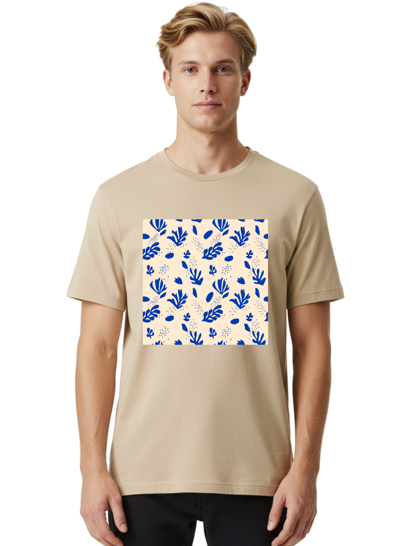 Blue-Florals Men'S Graphic Tee, 100% Cotton, Comfortable Casual Summer Wear, Machine Washable, Blue Flowers, Floral Pattern, Abstract Design, Minimalist Style, Botanical Elements, Decorative Motifs, Cream Background, Hand Drawn, Aab606