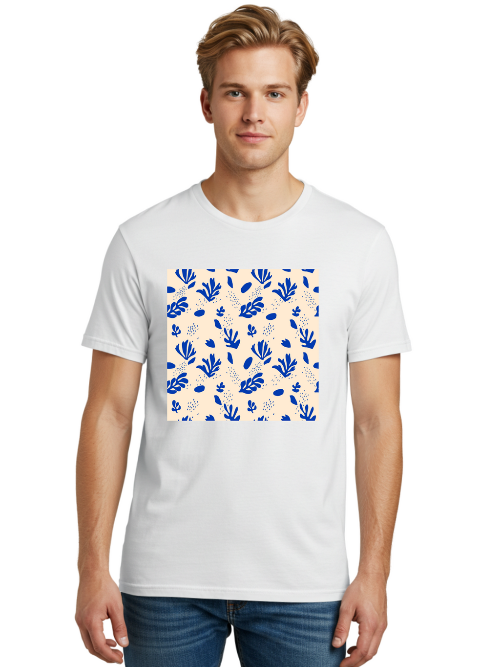 Blue-Florals Men'S Graphic Tee, 100% Cotton, Comfortable Casual Summer Wear, Machine Washable, Blue Flowers, Floral Pattern, Abstract Design, Minimalist Style, Botanical Elements, Decorative Motifs, Cream Background, Hand Drawn, Aab606