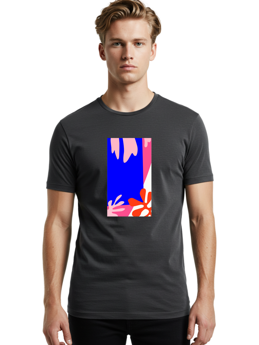 Blue-Strip Men'S Graphic Tee, 100% Cotton, Comfortable Casual Summer Wear, Machine Washable, Abstract Floral Pattern, Vibrant Colors, Blue Background, Pink And Red Flowers, Artistic Design, Modern Art, Colorful Illustration, Floral Motif Aab607