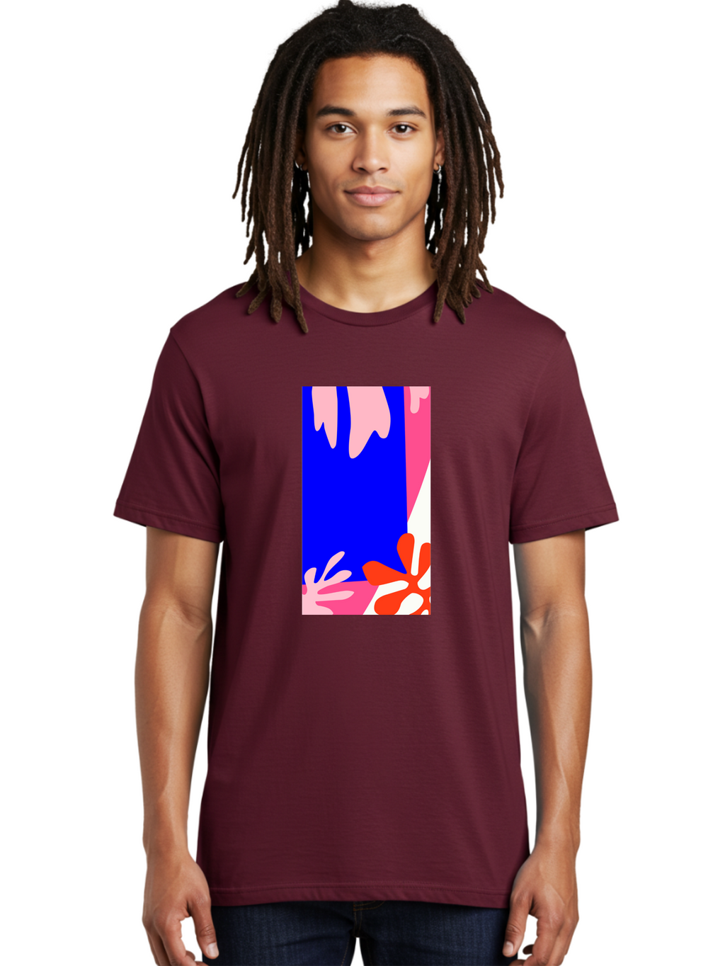 Blue-Strip Men'S Graphic Tee, 100% Cotton, Comfortable Casual Summer Wear, Machine Washable, Abstract Floral Pattern, Vibrant Colors, Blue Background, Pink And Red Flowers, Artistic Design, Modern Art, Colorful Illustration, Floral Motif Aab607