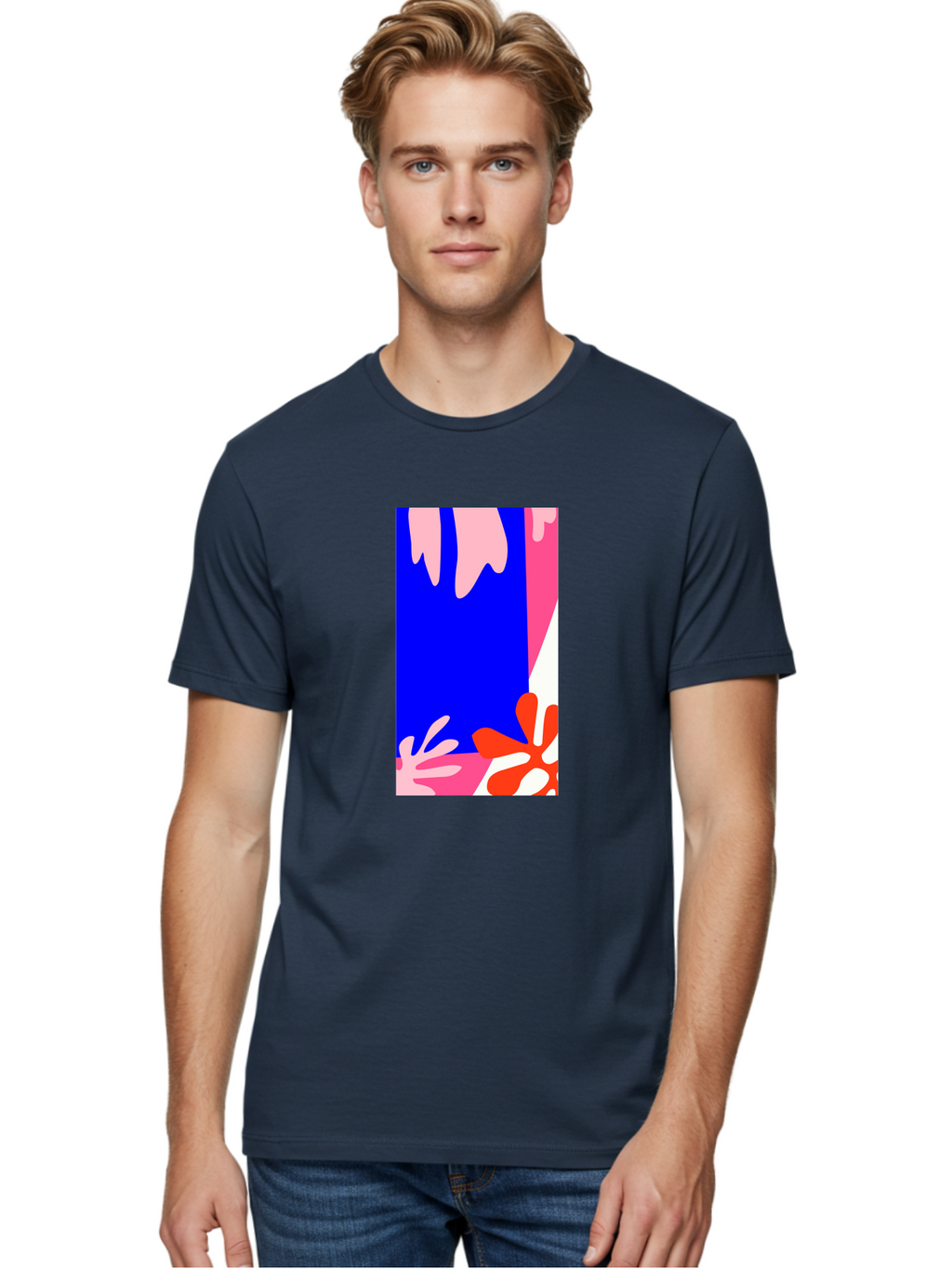 Blue-Strip Men'S Graphic Tee, 100% Cotton, Comfortable Casual Summer Wear, Machine Washable, Abstract Floral Pattern, Vibrant Colors, Blue Background, Pink And Red Flowers, Artistic Design, Modern Art, Colorful Illustration, Floral Motif Aab607