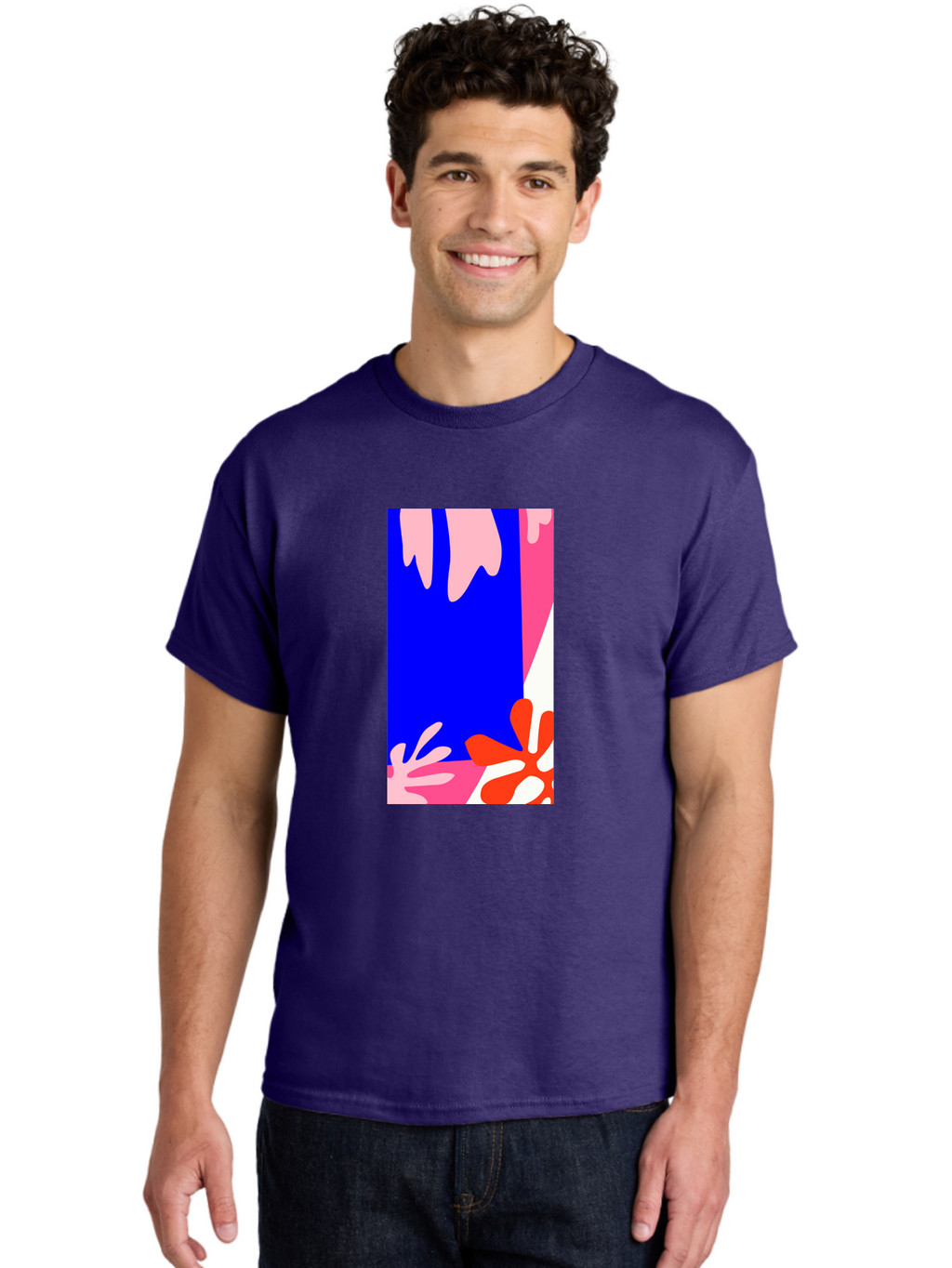 Blue-Strip Men'S Graphic Tee, 100% Cotton, Comfortable Casual Summer Wear, Machine Washable, Abstract Floral Pattern, Vibrant Colors, Blue Background, Pink And Red Flowers, Artistic Design, Modern Art, Colorful Illustration, Floral Motif Aab607