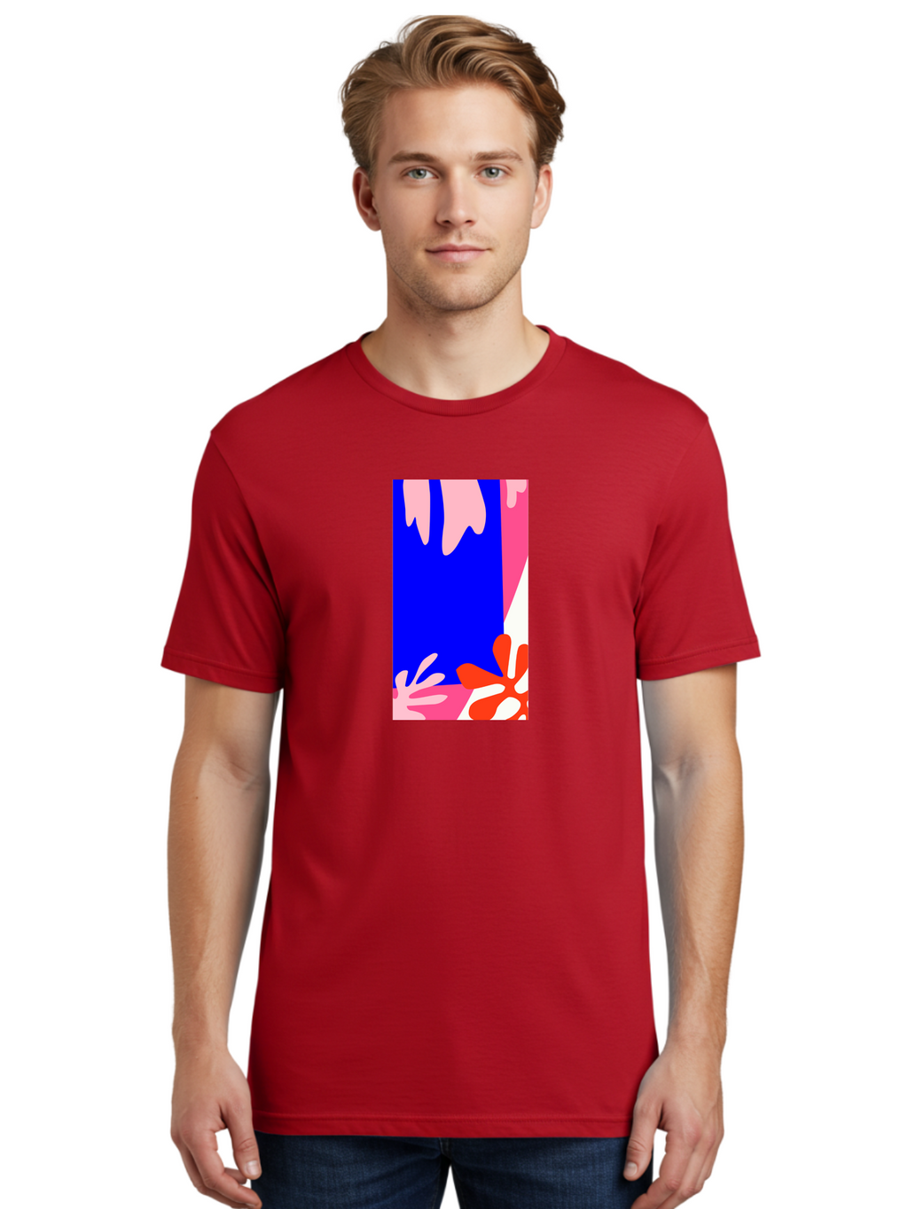Blue-Strip Men'S Graphic Tee, 100% Cotton, Comfortable Casual Summer Wear, Machine Washable, Abstract Floral Pattern, Vibrant Colors, Blue Background, Pink And Red Flowers, Artistic Design, Modern Art, Colorful Illustration, Floral Motif Aab607