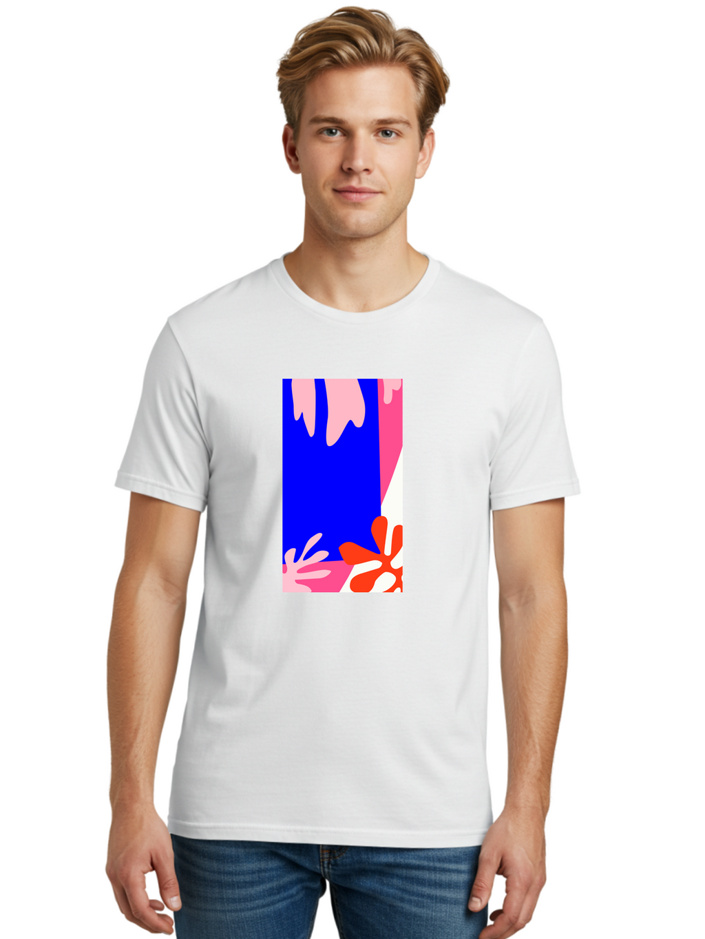 Blue-Strip Men'S Graphic Tee, 100% Cotton, Comfortable Casual Summer Wear, Machine Washable, Abstract Floral Pattern, Vibrant Colors, Blue Background, Pink And Red Flowers, Artistic Design, Modern Art, Colorful Illustration, Floral Motif Aab607