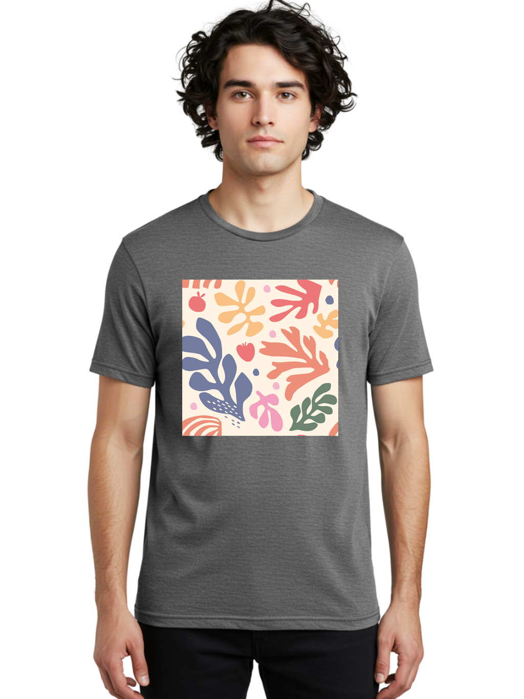 Colorful-Floral-Pattern Men'S Graphic Tee, 100% Cotton, Comfortable Casual Summer Wear, Machine Washable, Colorful Floral Pattern, Abstract Flowers, Vibrant Colors, Playful Design, Whimsical Elements, Artistic Illustration, Red Apple, Aab608