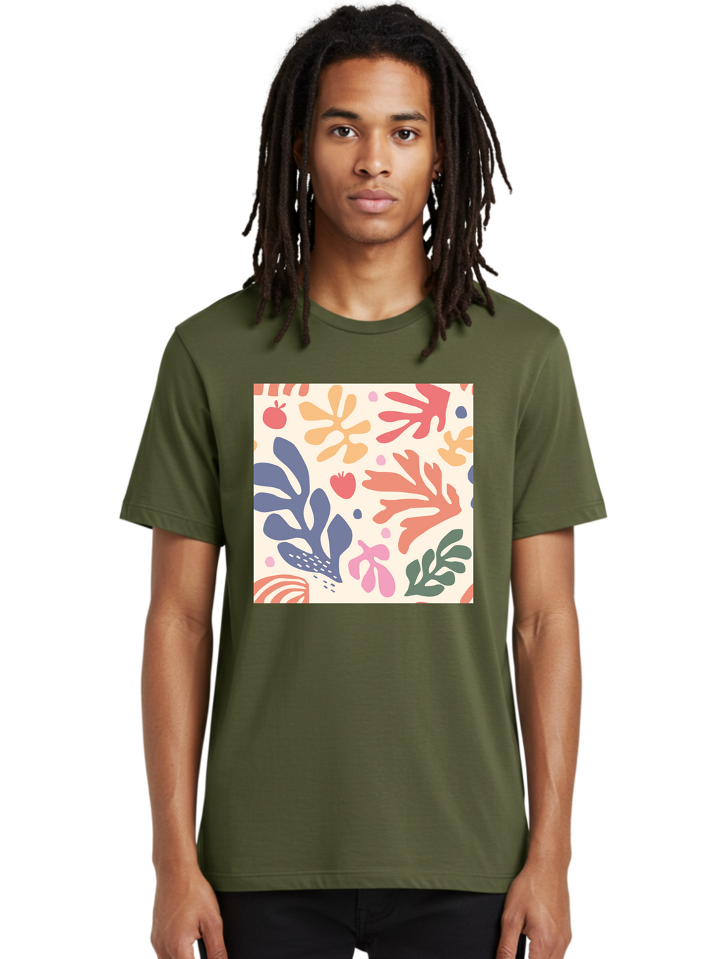 Colorful-Floral-Pattern Men'S Graphic Tee, 100% Cotton, Comfortable Casual Summer Wear, Machine Washable, Colorful Floral Pattern, Abstract Flowers, Vibrant Colors, Playful Design, Whimsical Elements, Artistic Illustration, Red Apple, Aab608