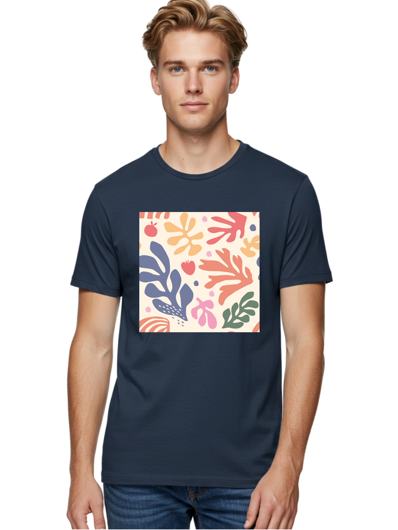 Colorful-Floral-Pattern Men'S Graphic Tee, 100% Cotton, Comfortable Casual Summer Wear, Machine Washable, Colorful Floral Pattern, Abstract Flowers, Vibrant Colors, Playful Design, Whimsical Elements, Artistic Illustration, Red Apple, Aab608