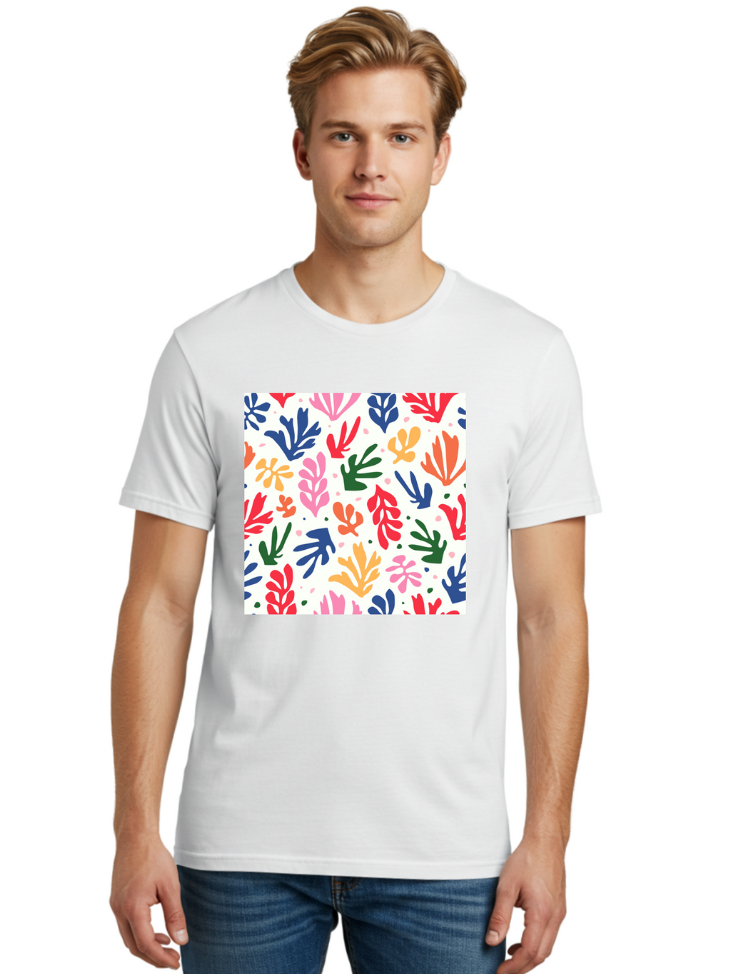 Colorful-Leaves-Pattern Men'S Graphic Tee, 100% Cotton, Comfortable Casual Summer Wear, Machine Washable, Colorful Leaves, Floral Pattern, Vibrant Colors, Playful Design, Abstract Shapes, Whimsical Artwork, Artistic Expression, Aab609
