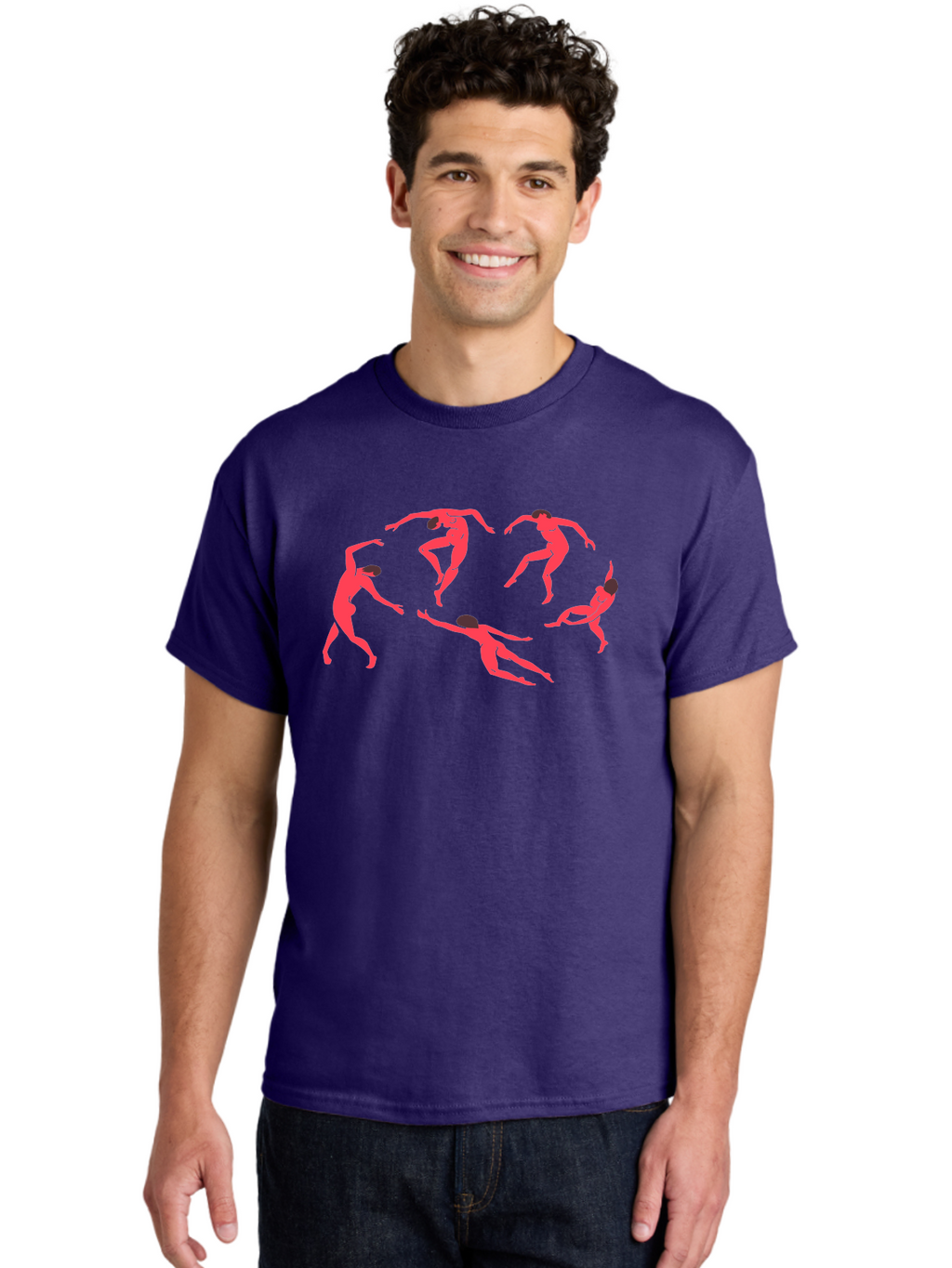 Dancing-Figures-1 Men'S Graphic Tee, 100% Cotton, Comfortable Casual Summer Wear, Machine Washable, Dancing Figures, Dynamic Movement, Neon Pink Silhouettes, Black Hair, Contemporary Dance, Fluid Motion, Abstract Art, Modern Design Aab615
