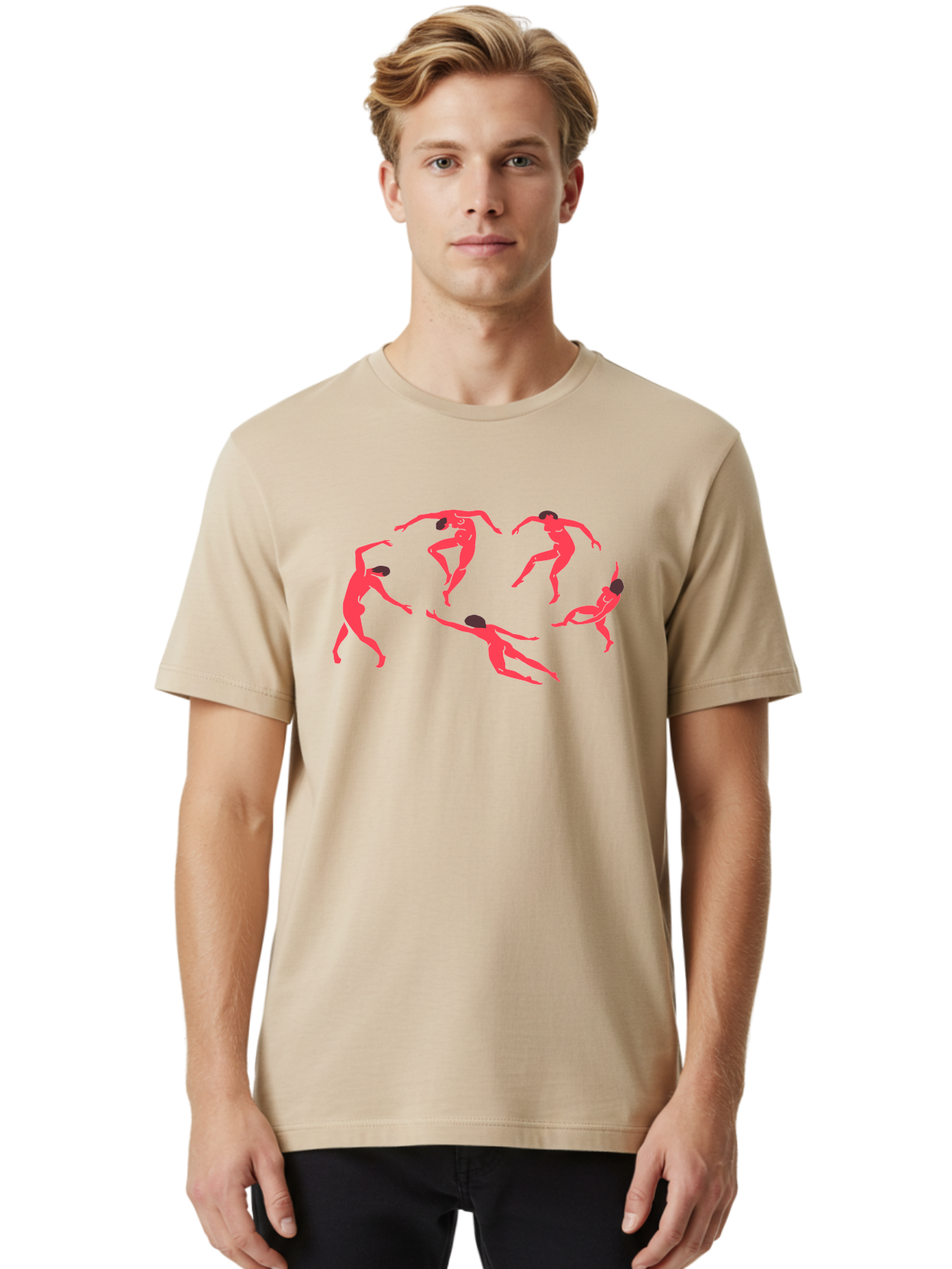 Dancing-Figures-1 Men'S Graphic Tee, 100% Cotton, Comfortable Casual Summer Wear, Machine Washable, Dancing Figures, Dynamic Movement, Neon Pink Silhouettes, Black Hair, Contemporary Dance, Fluid Motion, Abstract Art, Modern Design Aab615