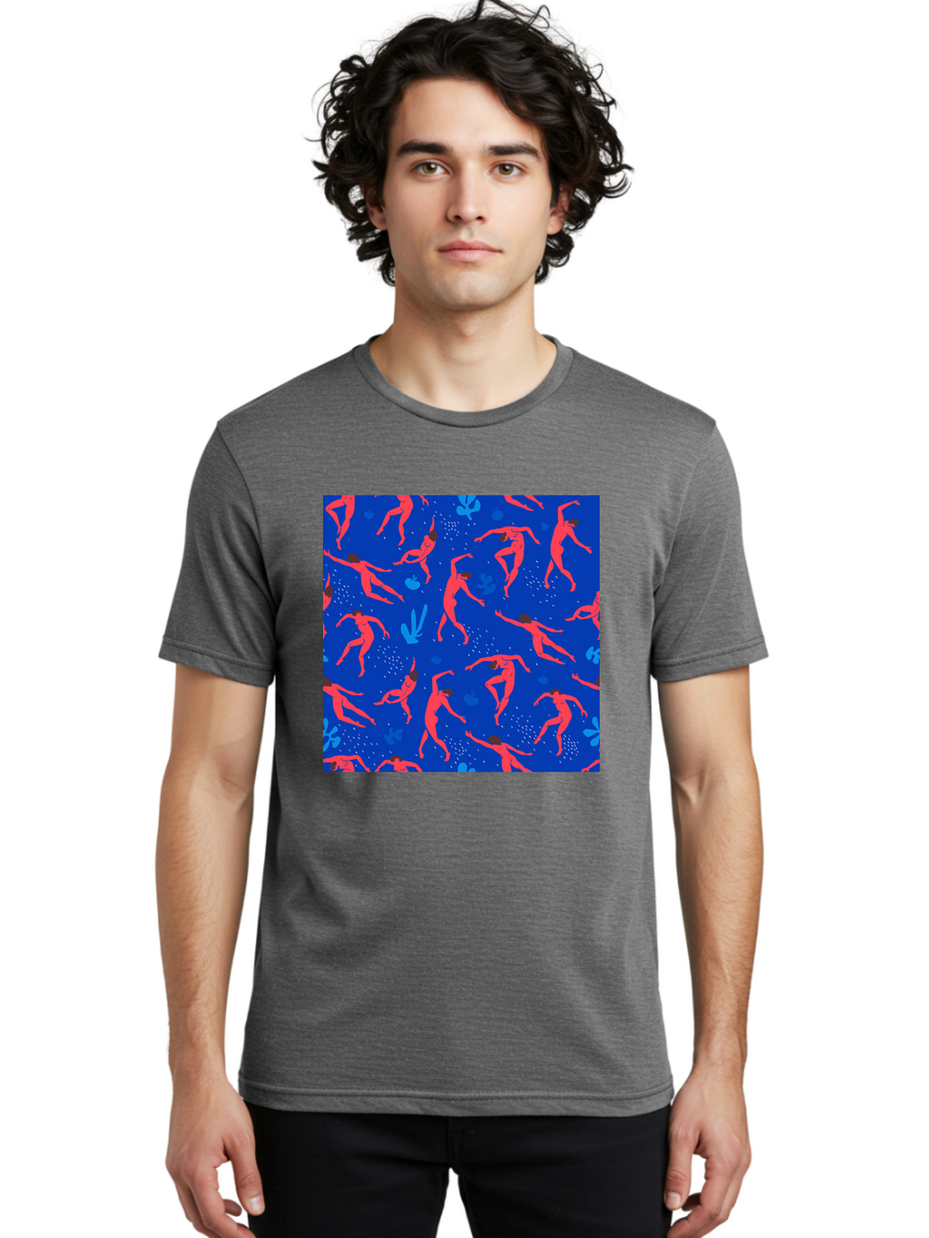 Dancing-Figures-2 Men'S Graphic Tee, 100% Cotton, Comfortable Casual Summer Wear, Machine Washable, Female Figures Dancing, Abstract Shapes, Vibrant Colors, Dynamic Patterns, Rhythmic Movement, Fitness Inspiration, Blue Background, Aab616