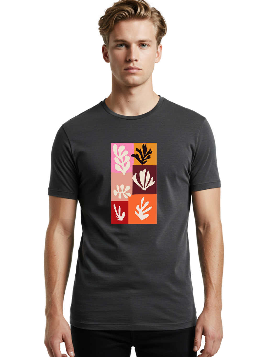 Leaf-Patterns Men'S Graphic Tee, 100% Cotton, Comfortable Casual Summer Wear, Machine Washable, Abstract Art, Cut-Out Technique, Floral Motifs, Bold Colors, Minimalist Design, Modern Art, Decorative Patterns, Leaf Silhouettes, Artistic Collage Aab622