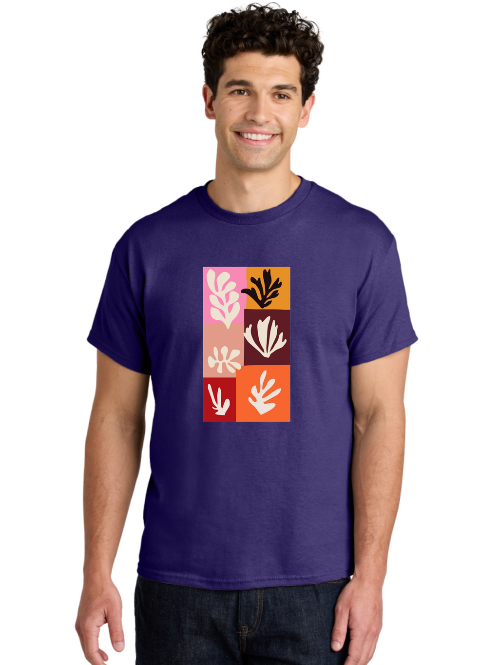 Leaf-Patterns Men'S Graphic Tee, 100% Cotton, Comfortable Casual Summer Wear, Machine Washable, Abstract Art, Cut-Out Technique, Floral Motifs, Bold Colors, Minimalist Design, Modern Art, Decorative Patterns, Leaf Silhouettes, Artistic Collage Aab622