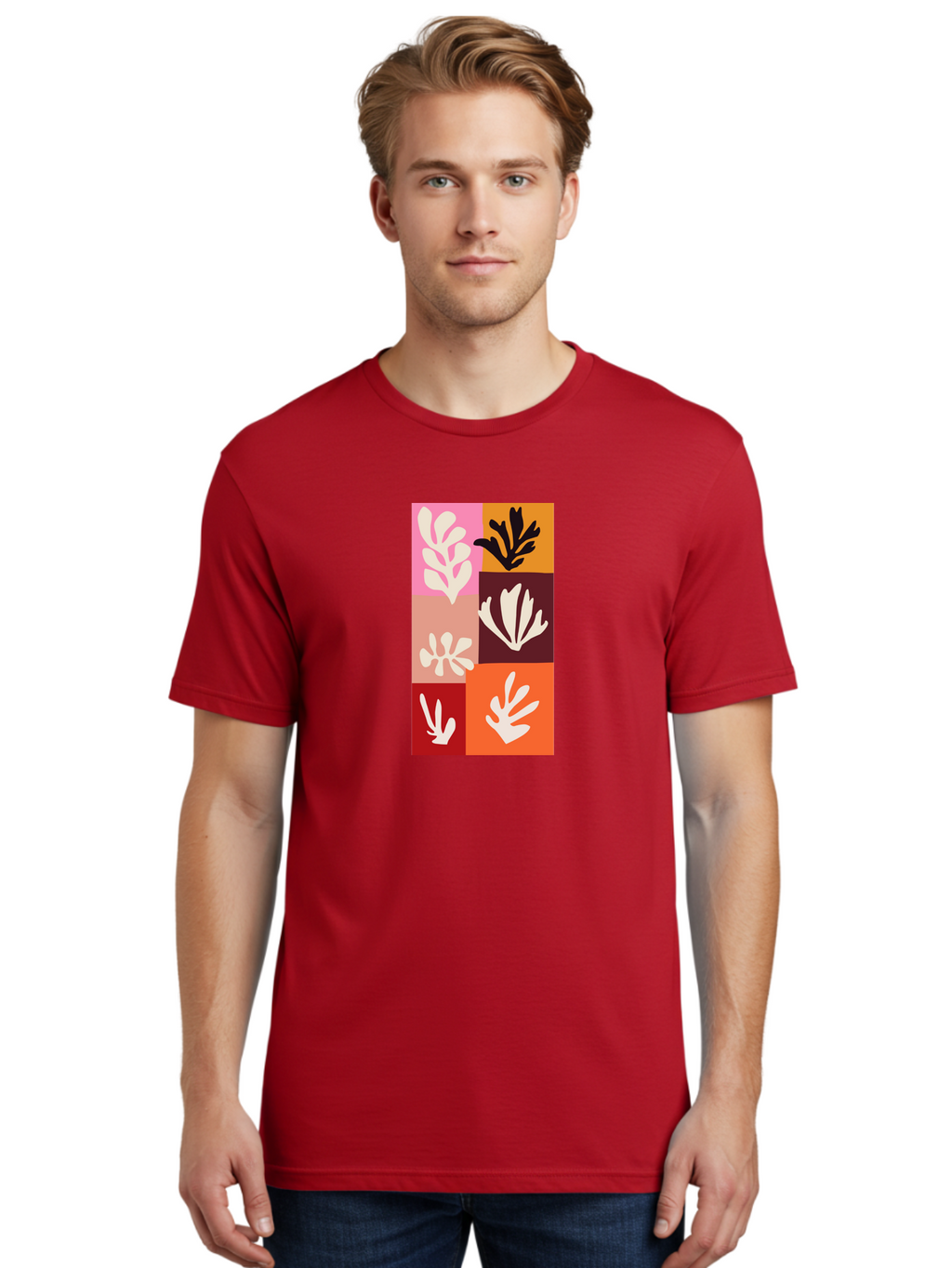 Leaf-Patterns Men'S Graphic Tee, 100% Cotton, Comfortable Casual Summer Wear, Machine Washable, Abstract Art, Cut-Out Technique, Floral Motifs, Bold Colors, Minimalist Design, Modern Art, Decorative Patterns, Leaf Silhouettes, Artistic Collage Aab622