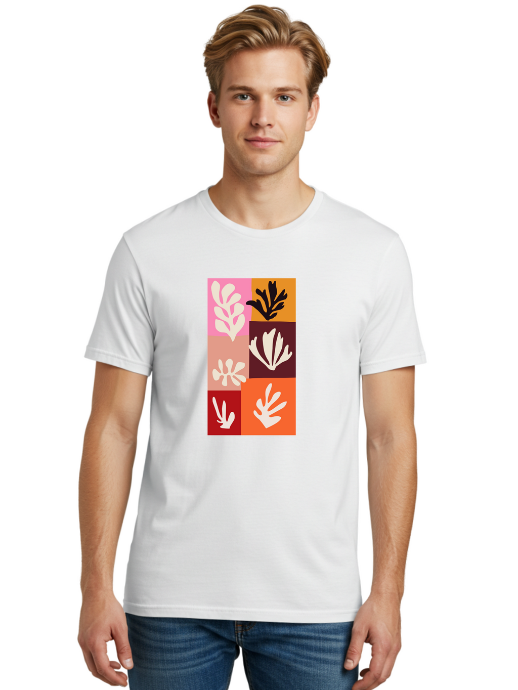 Leaf-Patterns Men'S Graphic Tee, 100% Cotton, Comfortable Casual Summer Wear, Machine Washable, Abstract Art, Cut-Out Technique, Floral Motifs, Bold Colors, Minimalist Design, Modern Art, Decorative Patterns, Leaf Silhouettes, Artistic Collage Aab622