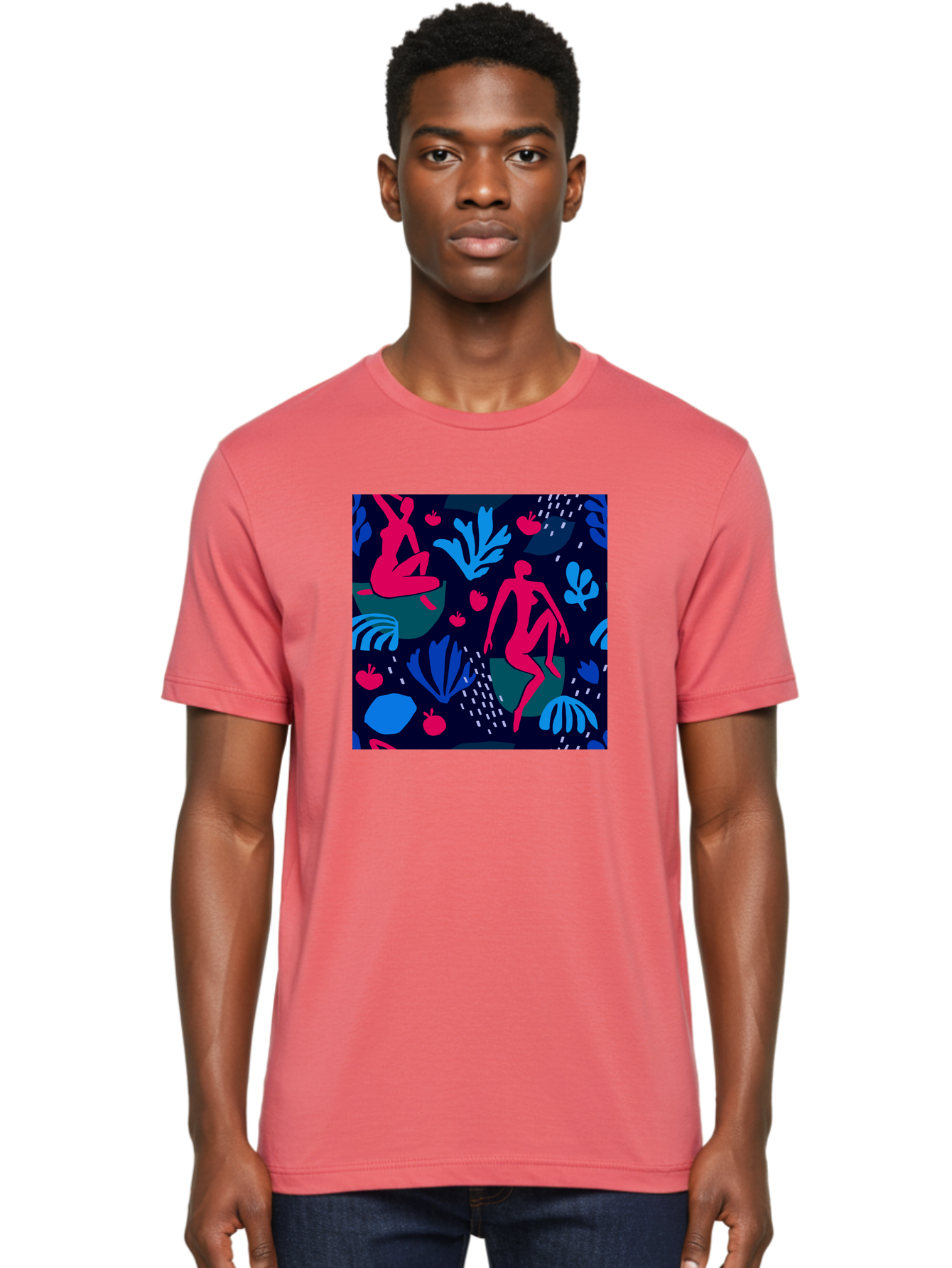 People-In-Nature Men'S Graphic Tee, 100% Cotton, Comfortable Casual Summer Wear, Machine Washable, Stylized Female Figures, Botanical Elements, Abstract Shapes, Vibrant Colors, Dynamic Composition, Modern Art, Surrealism, Creative Expression Aab624