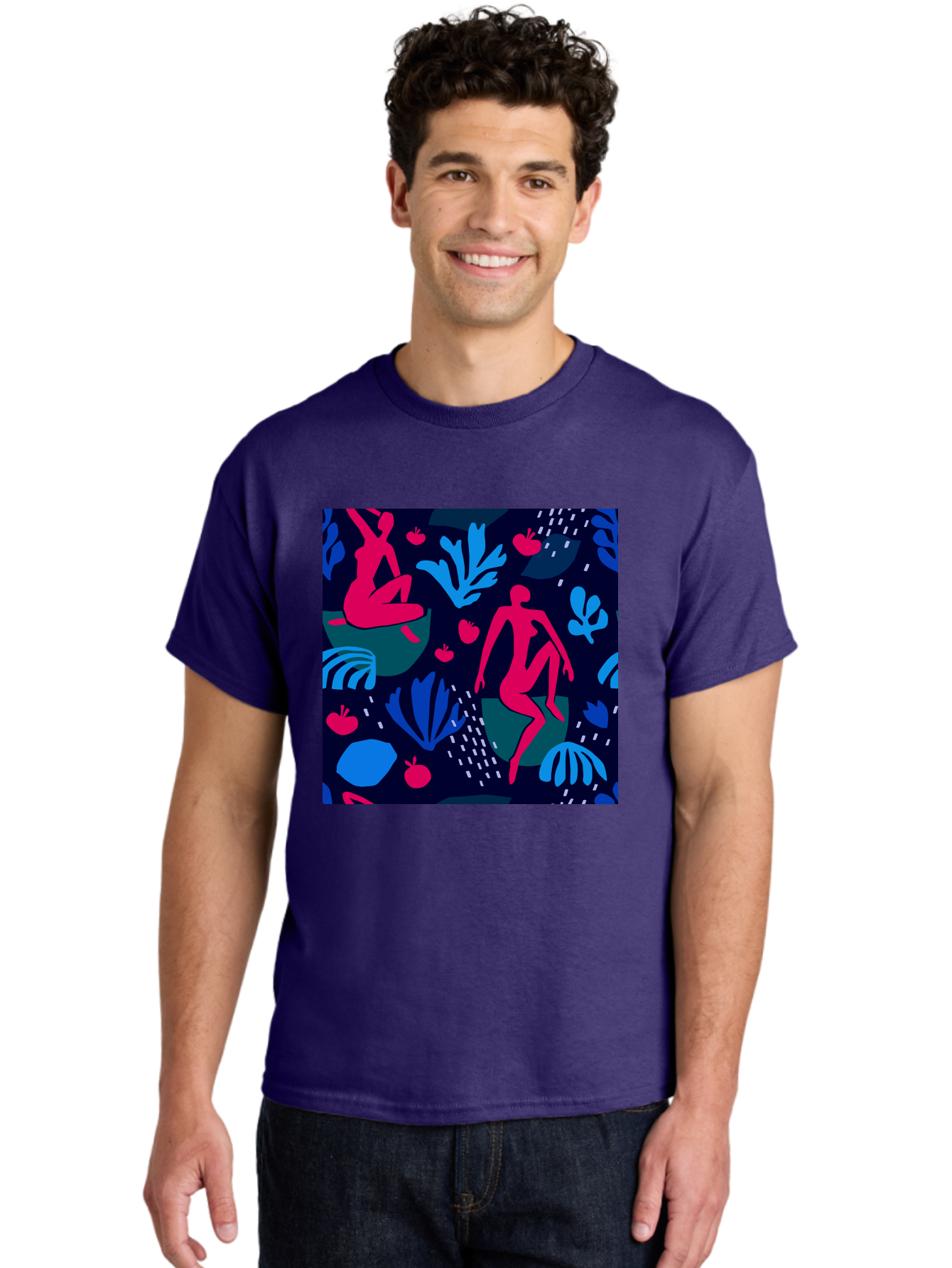 People-In-Nature Men'S Graphic Tee, 100% Cotton, Comfortable Casual Summer Wear, Machine Washable, Stylized Female Figures, Botanical Elements, Abstract Shapes, Vibrant Colors, Dynamic Composition, Modern Art, Surrealism, Creative Expression Aab624
