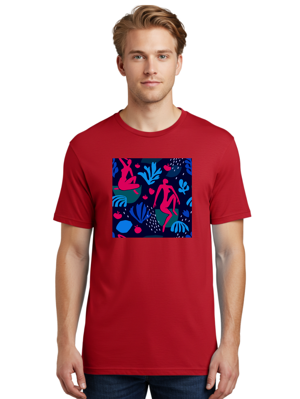 People-In-Nature Men'S Graphic Tee, 100% Cotton, Comfortable Casual Summer Wear, Machine Washable, Stylized Female Figures, Botanical Elements, Abstract Shapes, Vibrant Colors, Dynamic Composition, Modern Art, Surrealism, Creative Expression Aab624