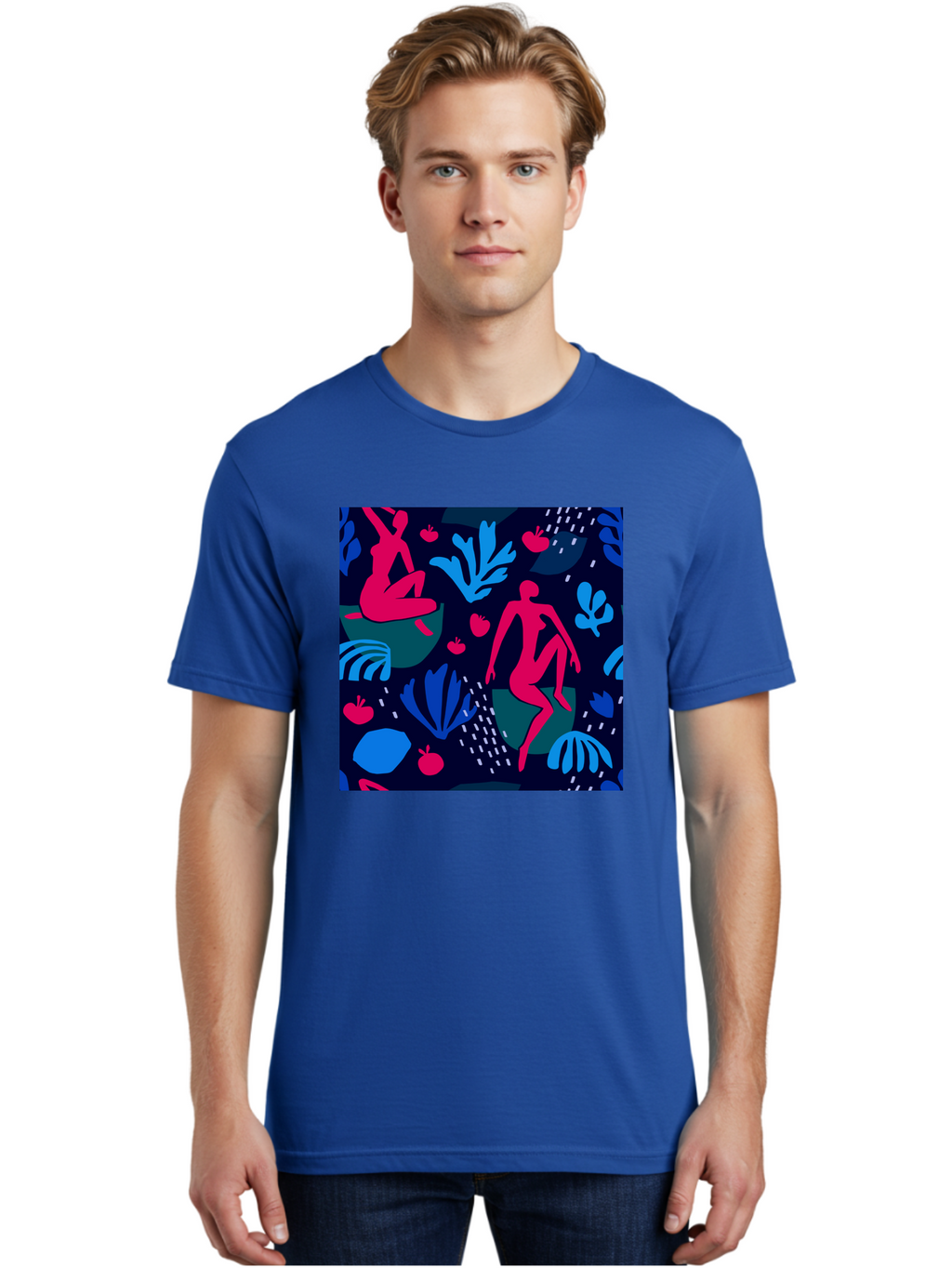 People-In-Nature Men'S Graphic Tee, 100% Cotton, Comfortable Casual Summer Wear, Machine Washable, Stylized Female Figures, Botanical Elements, Abstract Shapes, Vibrant Colors, Dynamic Composition, Modern Art, Surrealism, Creative Expression Aab624
