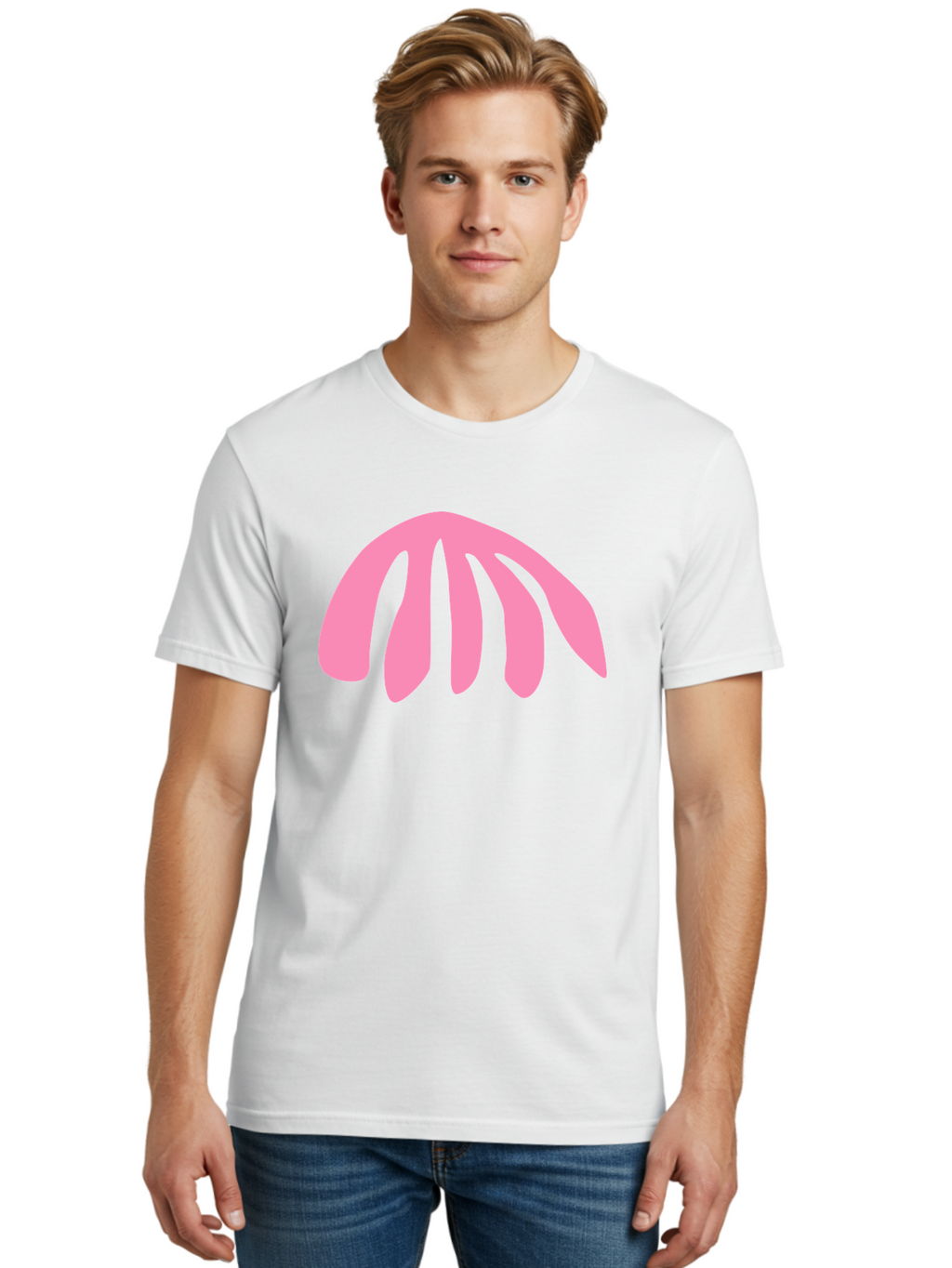 Pink-Logo Men'S Graphic Tee, 100% Cotton, Comfortable Casual Summer Wear, Machine Washable, Pink Graphic, Abstract Shape, Minimalist Design, Modern Art, Simple Illustration, Vibrant Pink Color, Curved Lines Aab627