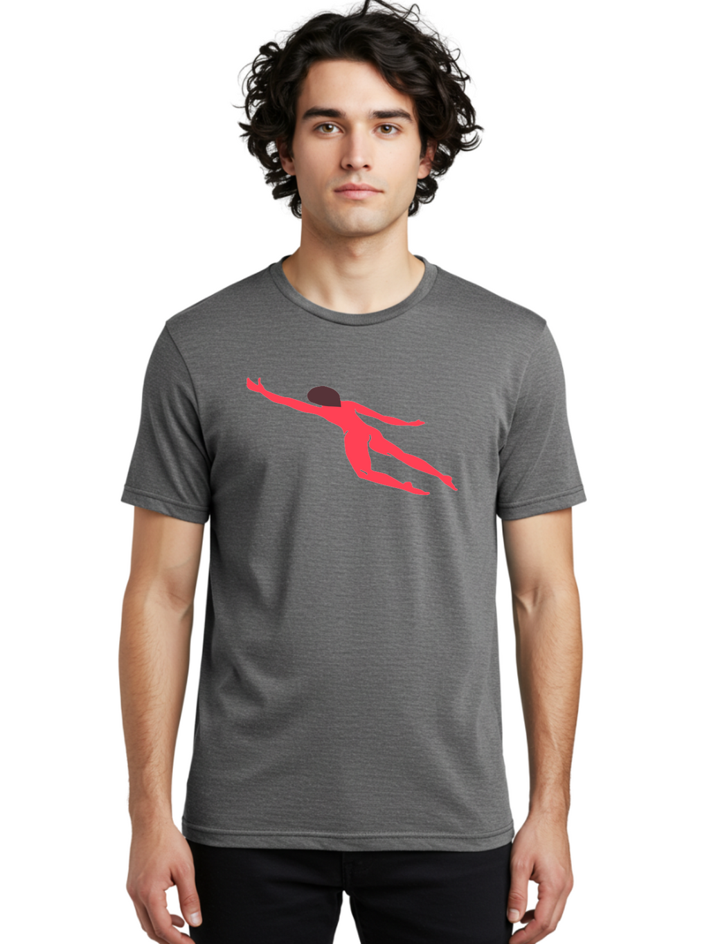 Pink-Silhouette Men'S Graphic Tee, 100% Cotton, Comfortable Casual Summer Wear, Machine Washable, Swimming Motion, Aquatic Activity, Sports, Dynamic Movement, Water Sports, Freestyle Swimmer, Red Figure, Fluid Motion Aab630