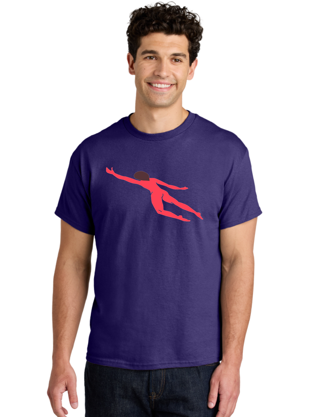 Pink-Silhouette Men'S Graphic Tee, 100% Cotton, Comfortable Casual Summer Wear, Machine Washable, Swimming Motion, Aquatic Activity, Sports, Dynamic Movement, Water Sports, Freestyle Swimmer, Red Figure, Fluid Motion Aab630