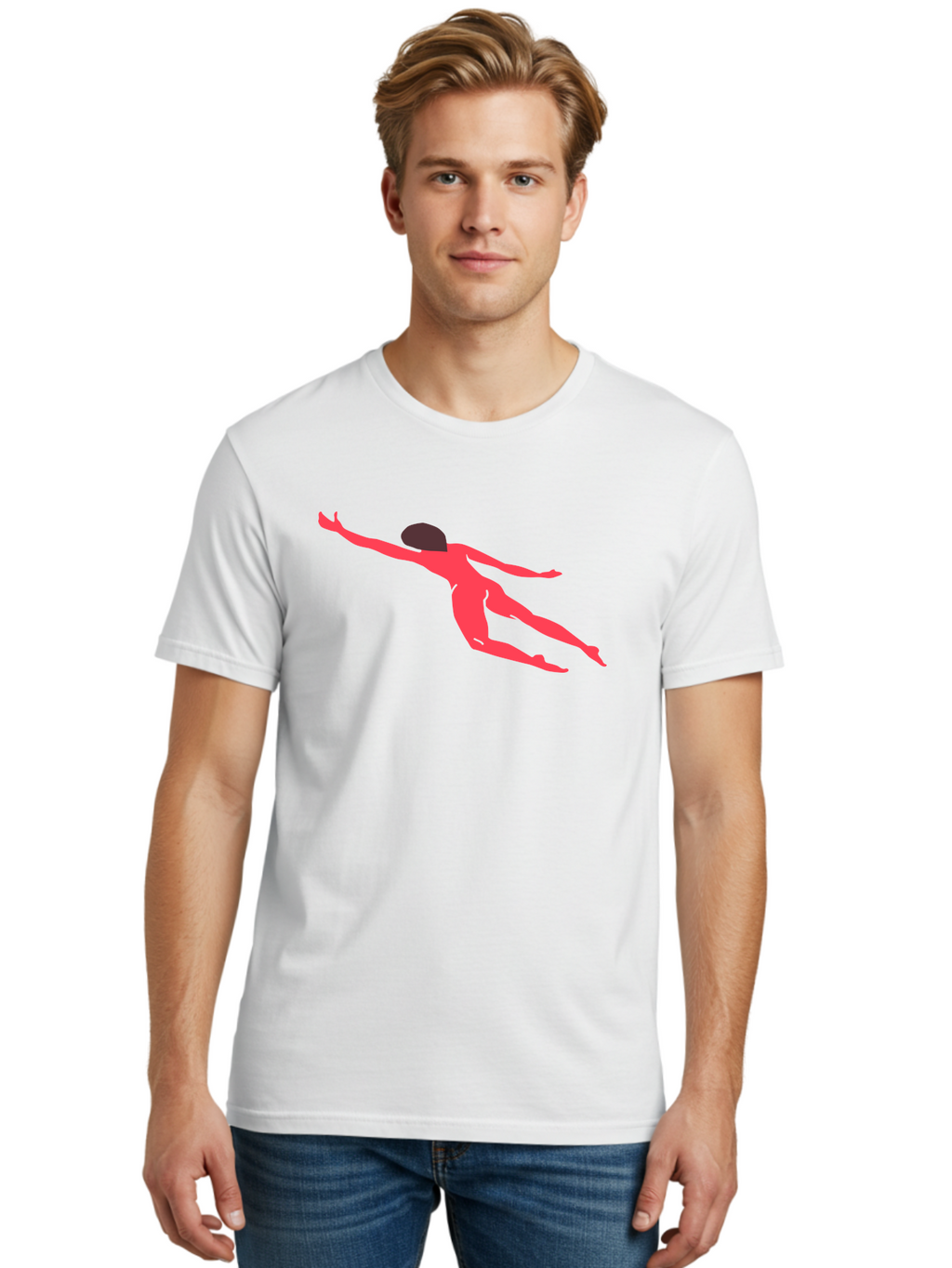 Pink-Silhouette Men'S Graphic Tee, 100% Cotton, Comfortable Casual Summer Wear, Machine Washable, Swimming Motion, Aquatic Activity, Sports, Dynamic Movement, Water Sports, Freestyle Swimmer, Red Figure, Fluid Motion Aab630