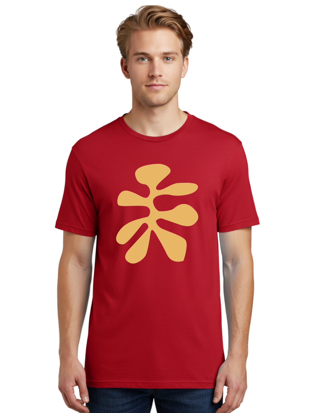 Tan-Asterisk Men'S Graphic Tee, 100% Cotton, Comfortable Casual Summer Wear, Machine Washable, Stylized Flower, Abstract Design, Modern Art, Minimalist Style, Orange Shape, Floral Motif, Simple Graphics, Contemporary Design Aab635