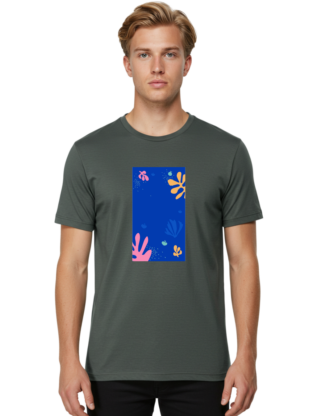 Underwater-Florals Men'S Graphic Tee, 100% Cotton, Comfortable Casual Summer Wear, Machine Washable, Underwater Scene, Colorful Flowers, Coral, Aquatic Plants, Ocean Life, Vibrant Colors, Whimsical Design, Digital Art, Floral Pattern, Aab638