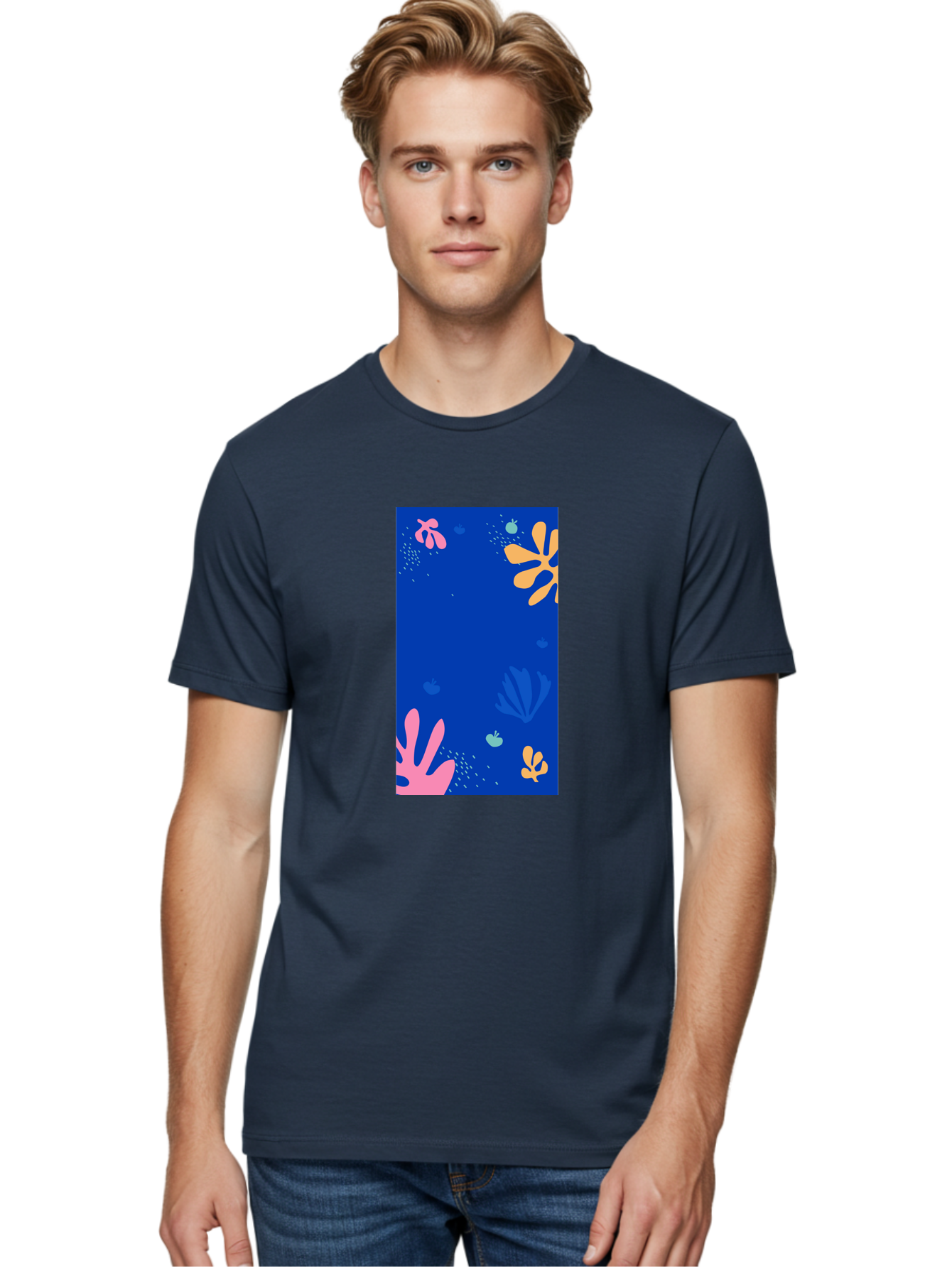 Underwater-Florals Men'S Graphic Tee, 100% Cotton, Comfortable Casual Summer Wear, Machine Washable, Underwater Scene, Colorful Flowers, Coral, Aquatic Plants, Ocean Life, Vibrant Colors, Whimsical Design, Digital Art, Floral Pattern, Aab638