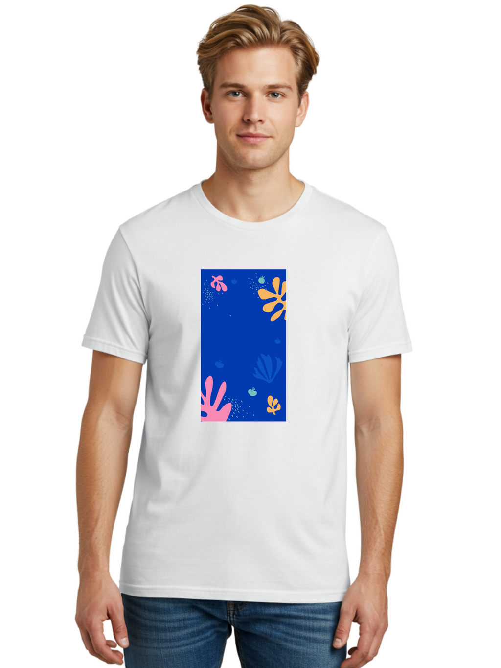 Underwater-Florals Men'S Graphic Tee, 100% Cotton, Comfortable Casual Summer Wear, Machine Washable, Underwater Scene, Colorful Flowers, Coral, Aquatic Plants, Ocean Life, Vibrant Colors, Whimsical Design, Digital Art, Floral Pattern, Aab638