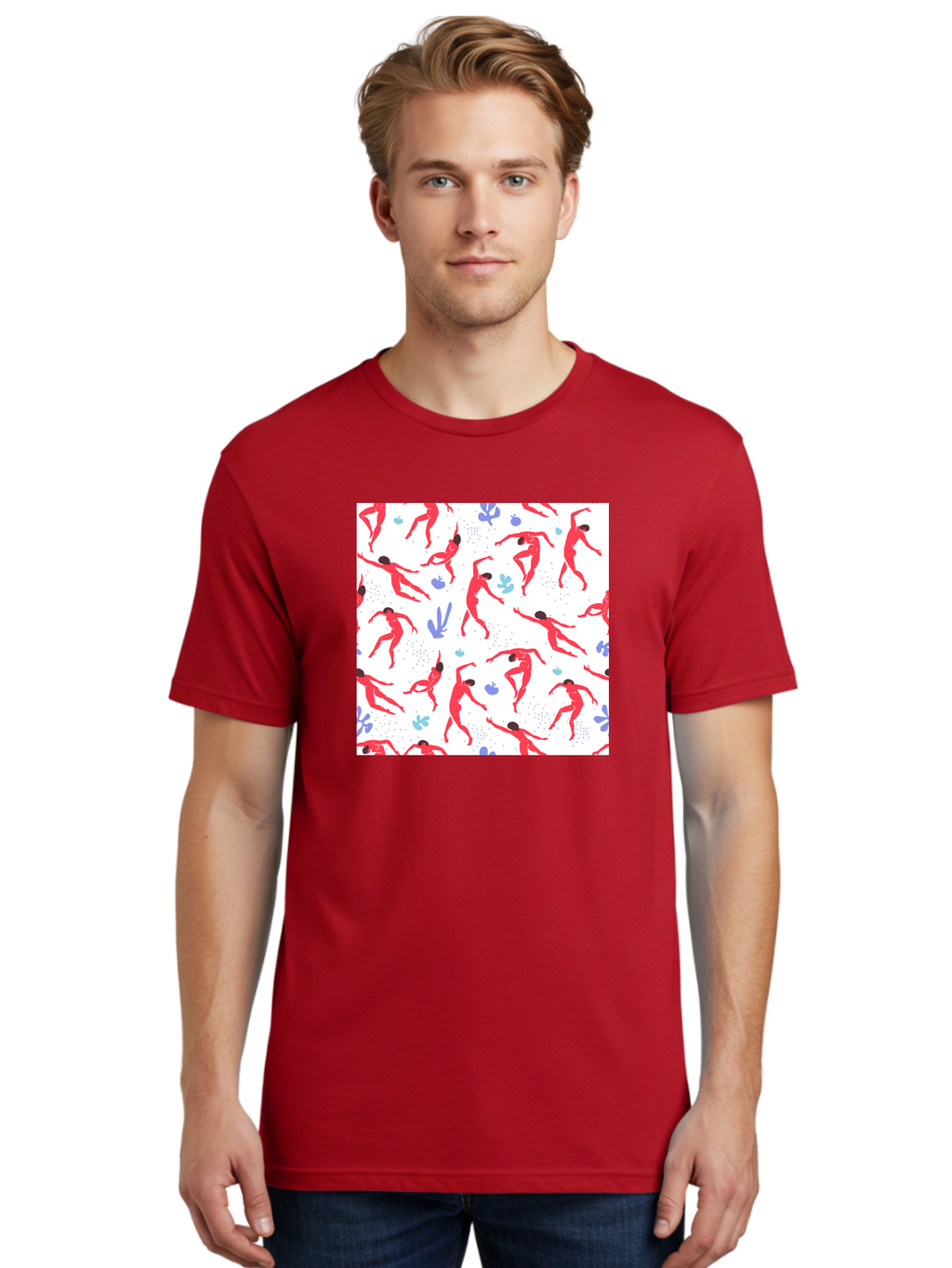 Yoga-Pattern Men'S Graphic Tee, 100% Cotton, Comfortable Casual Summer Wear, Machine Washable, Nude Figures, Red Silhouettes, Dynamic Poses, Yoga, Wellness, Floral Patterns, Abstract Shapes, Playful Designs, Modern Art, Minimalist Aesthetic Aab639