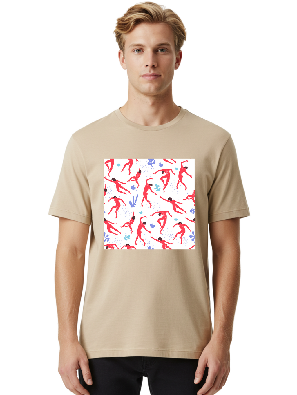 Yoga-Pattern Men'S Graphic Tee, 100% Cotton, Comfortable Casual Summer Wear, Machine Washable, Nude Figures, Red Silhouettes, Dynamic Poses, Yoga, Wellness, Floral Patterns, Abstract Shapes, Playful Designs, Modern Art, Minimalist Aesthetic Aab639