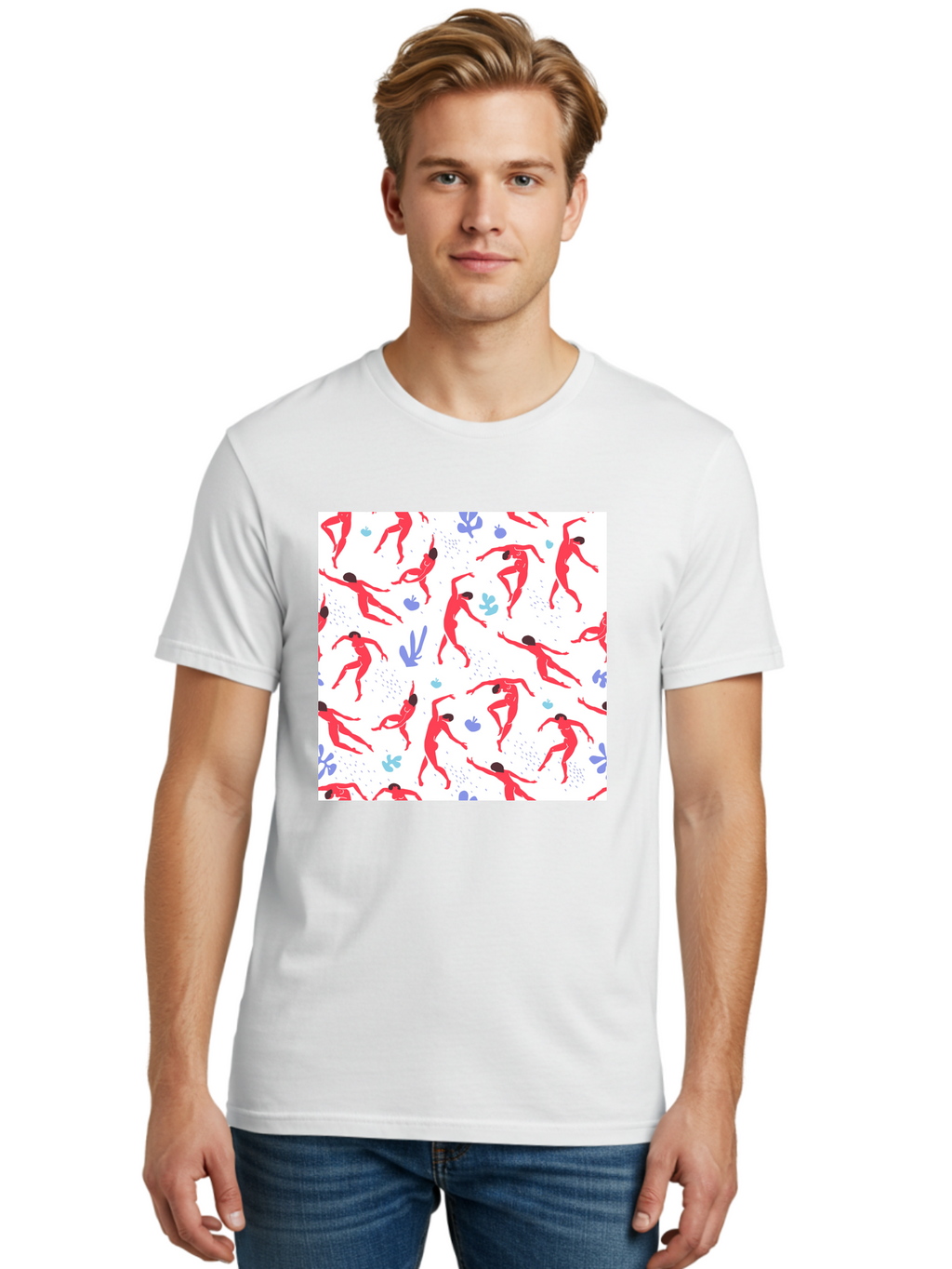 Yoga-Pattern Men'S Graphic Tee, 100% Cotton, Comfortable Casual Summer Wear, Machine Washable, Nude Figures, Red Silhouettes, Dynamic Poses, Yoga, Wellness, Floral Patterns, Abstract Shapes, Playful Designs, Modern Art, Minimalist Aesthetic Aab639
