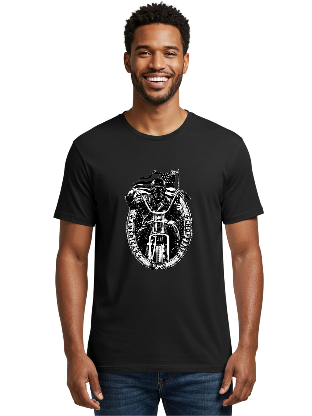American-Chopper Men'S Graphic Tee, 100% Cotton, Comfortable Casual Summer Wear, Machine Washable, Motorcycle Culture, Biker Graphics, Patriotic Symbol, Chopper Bike, Skull Rider, American Flag, Bold Design, Black And White Illustration, Aab642