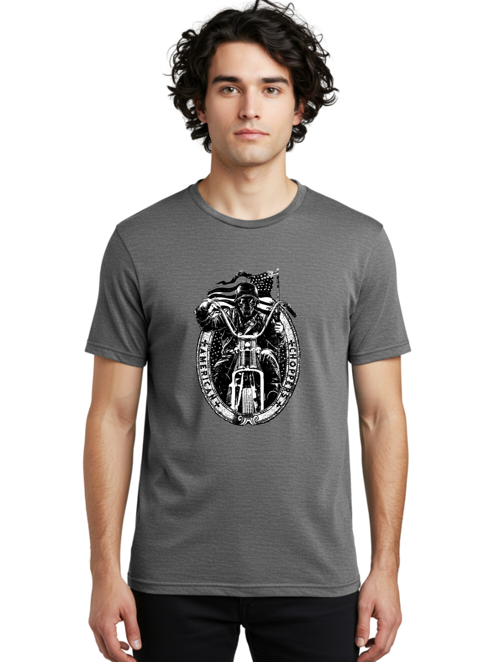 American-Chopper Men'S Graphic Tee, 100% Cotton, Comfortable Casual Summer Wear, Machine Washable, Motorcycle Culture, Biker Graphics, Patriotic Symbol, Chopper Bike, Skull Rider, American Flag, Bold Design, Black And White Illustration, Aab642
