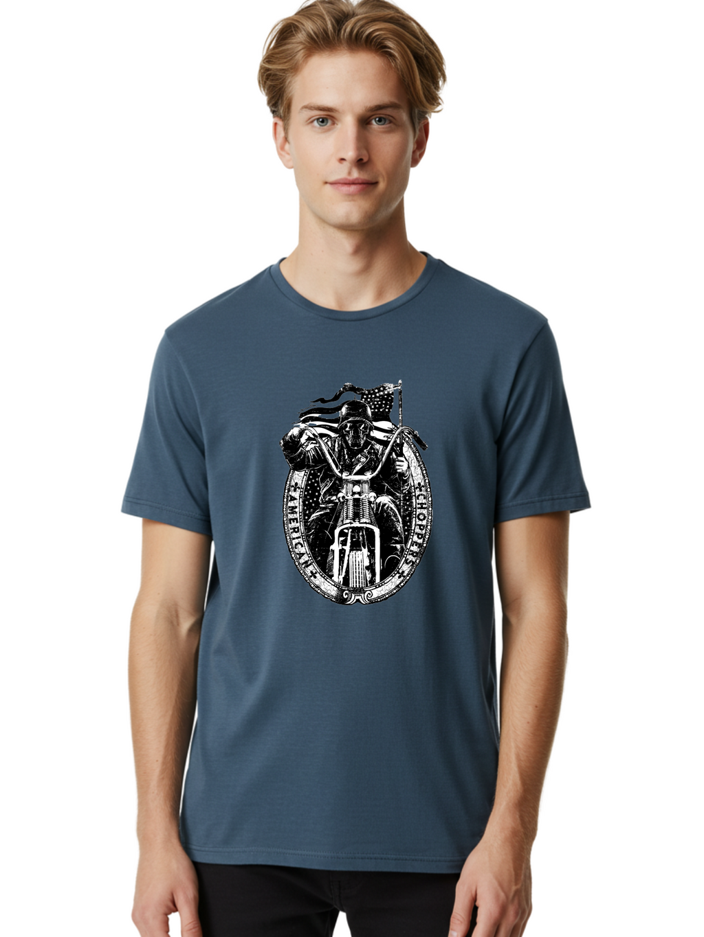 American-Chopper Men'S Graphic Tee, 100% Cotton, Comfortable Casual Summer Wear, Machine Washable, Motorcycle Culture, Biker Graphics, Patriotic Symbol, Chopper Bike, Skull Rider, American Flag, Bold Design, Black And White Illustration, Aab642