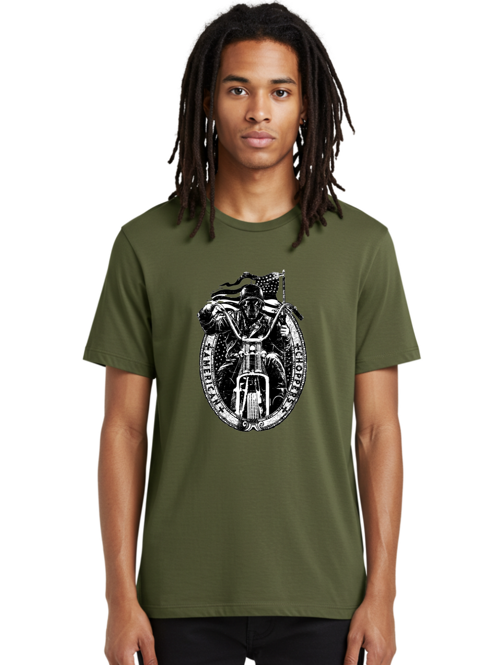 American-Chopper Men'S Graphic Tee, 100% Cotton, Comfortable Casual Summer Wear, Machine Washable, Motorcycle Culture, Biker Graphics, Patriotic Symbol, Chopper Bike, Skull Rider, American Flag, Bold Design, Black And White Illustration, Aab642