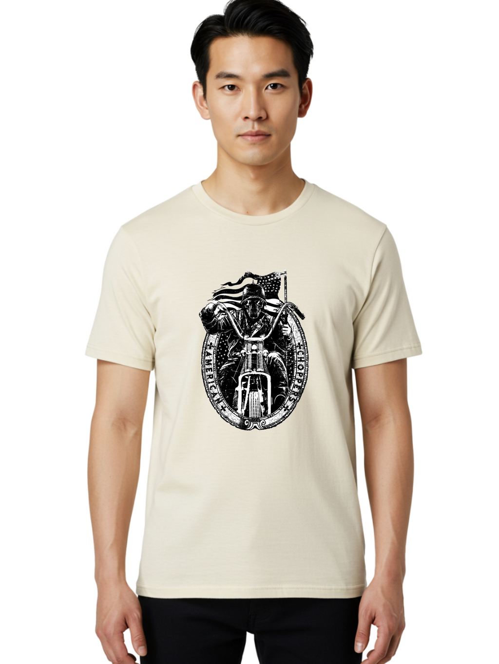 American-Chopper Men'S Graphic Tee, 100% Cotton, Comfortable Casual Summer Wear, Machine Washable, Motorcycle Culture, Biker Graphics, Patriotic Symbol, Chopper Bike, Skull Rider, American Flag, Bold Design, Black And White Illustration, Aab642