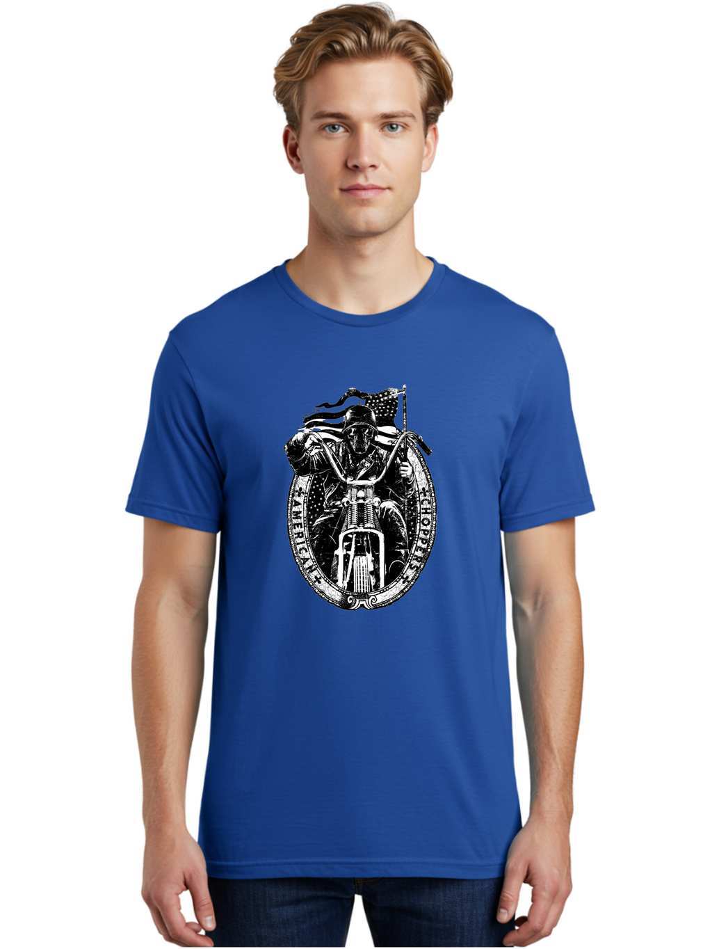 American-Chopper Men'S Graphic Tee, 100% Cotton, Comfortable Casual Summer Wear, Machine Washable, Motorcycle Culture, Biker Graphics, Patriotic Symbol, Chopper Bike, Skull Rider, American Flag, Bold Design, Black And White Illustration, Aab642