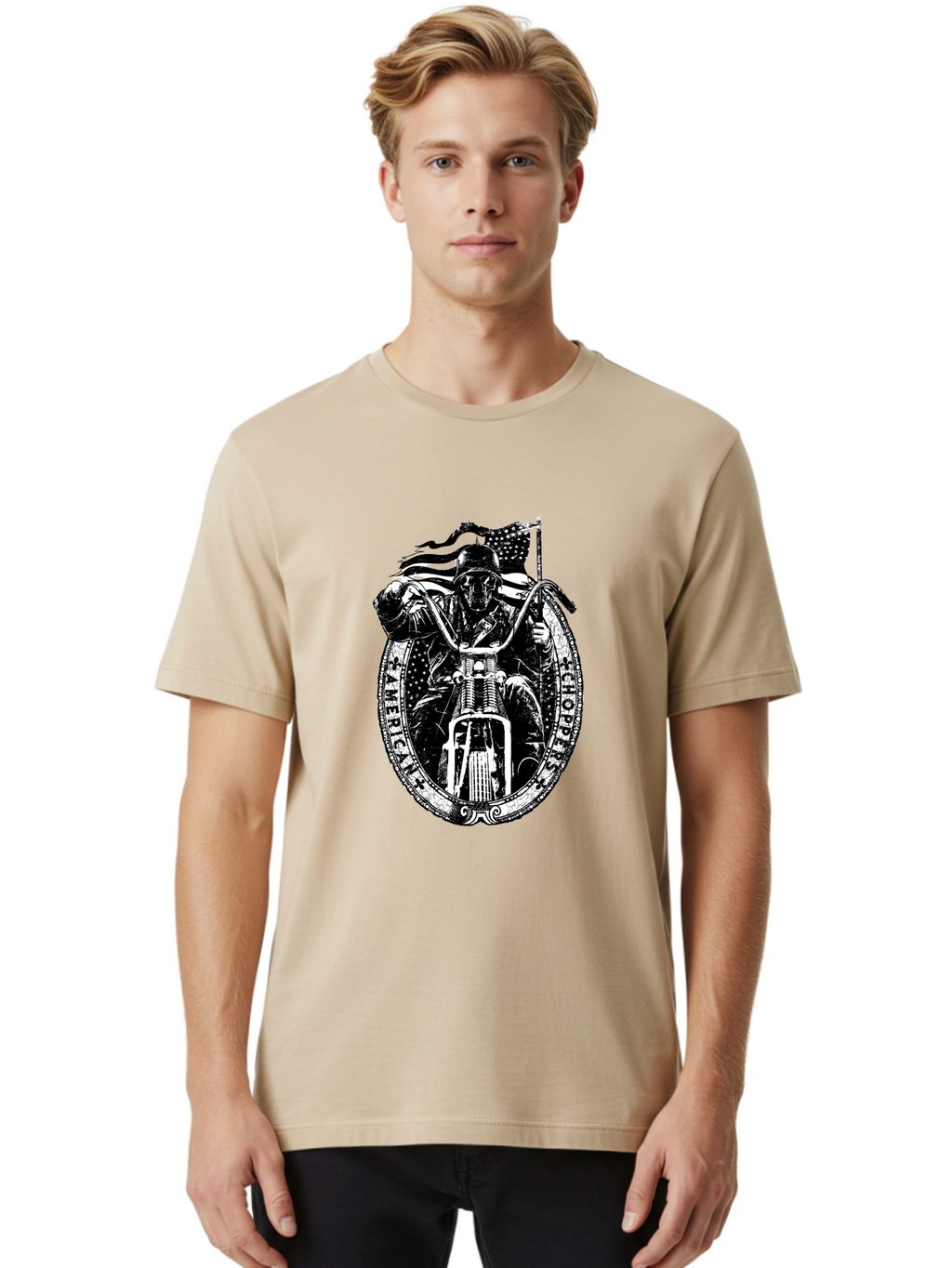 American-Chopper Men'S Graphic Tee, 100% Cotton, Comfortable Casual Summer Wear, Machine Washable, Motorcycle Culture, Biker Graphics, Patriotic Symbol, Chopper Bike, Skull Rider, American Flag, Bold Design, Black And White Illustration, Aab642