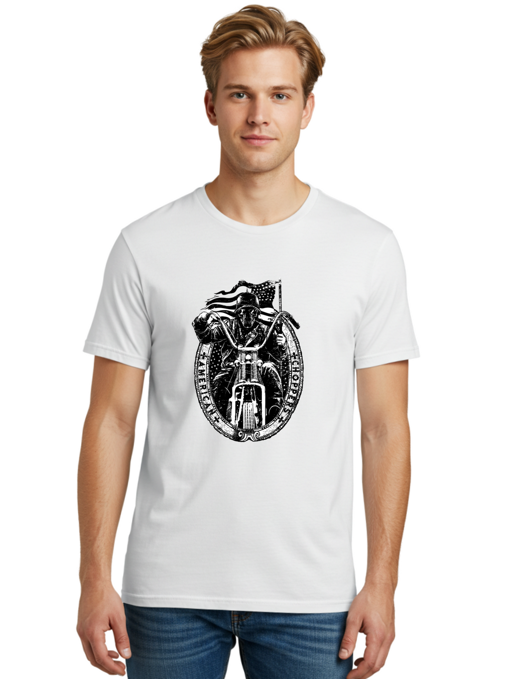 American-Chopper Men'S Graphic Tee, 100% Cotton, Comfortable Casual Summer Wear, Machine Washable, Motorcycle Culture, Biker Graphics, Patriotic Symbol, Chopper Bike, Skull Rider, American Flag, Bold Design, Black And White Illustration, Aab642