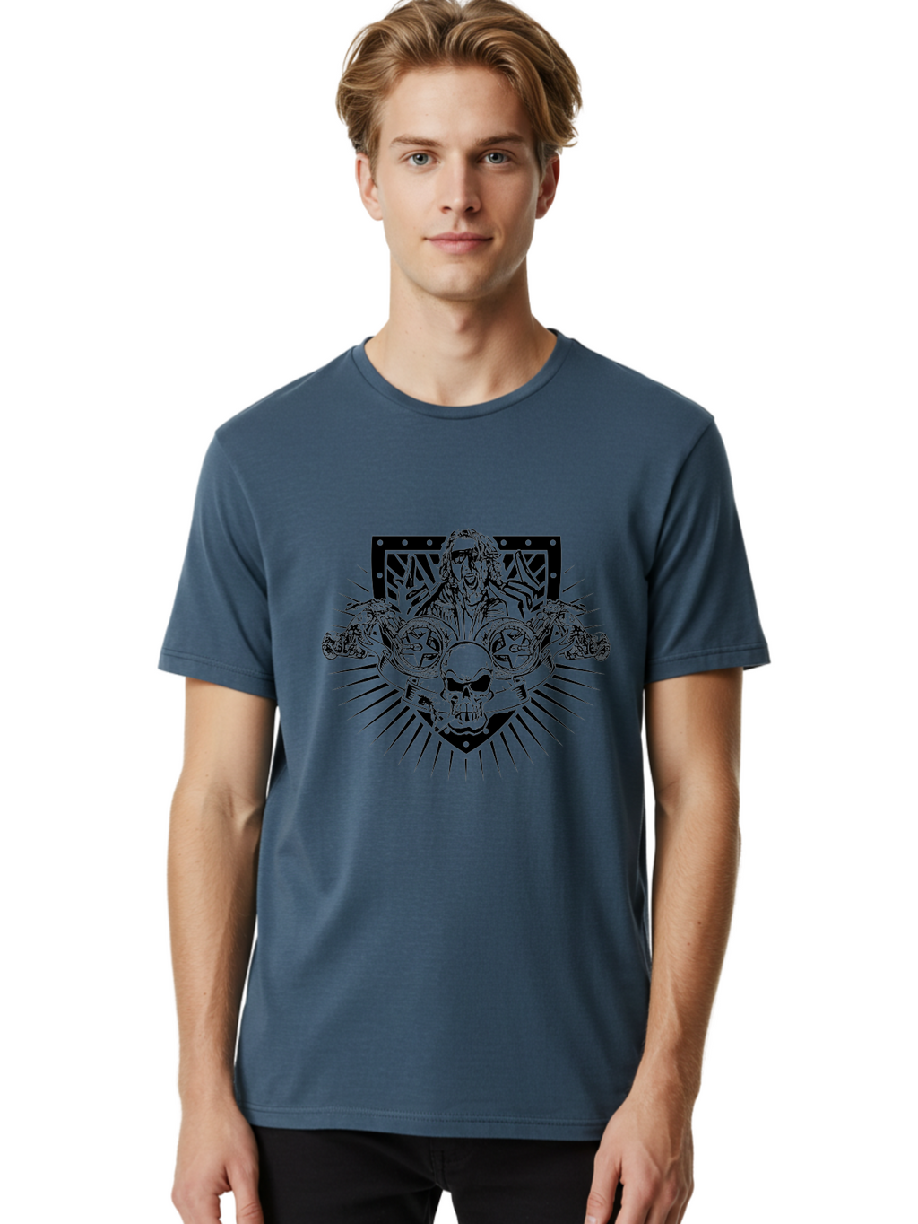 Biker-With-Skull Men'S Graphic Tee, 100% Cotton, Comfortable Casual Summer Wear, Machine Washable, Biker With Leather Jacket, Skull With Horns, Motorcycles, Rock And Roll Style, Biker Culture, Bold Illustration, Black And White Design, Aab643