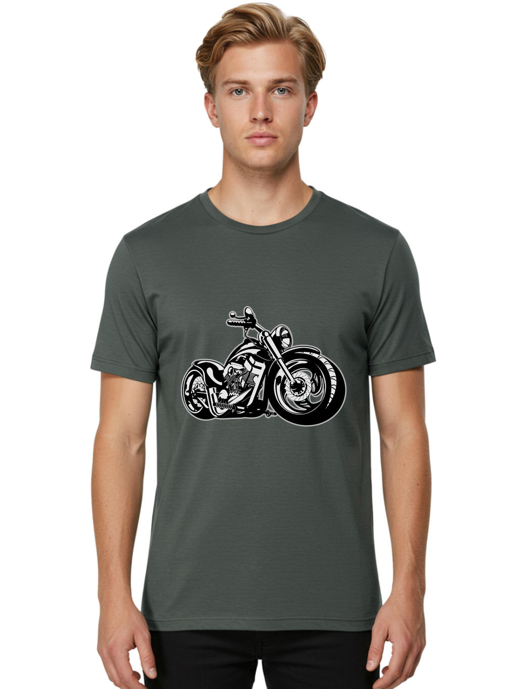 Chopper-Motorcycle Men'S Graphic Tee, 100% Cotton, Comfortable Casual Summer Wear, Machine Washable, Custom Motorcycle, Chopper Bike, Black And White Illustration, Biker Culture, Motorcycle Art, Custom Wheels, Chrome Exhaust, Motorbike Design Aab644