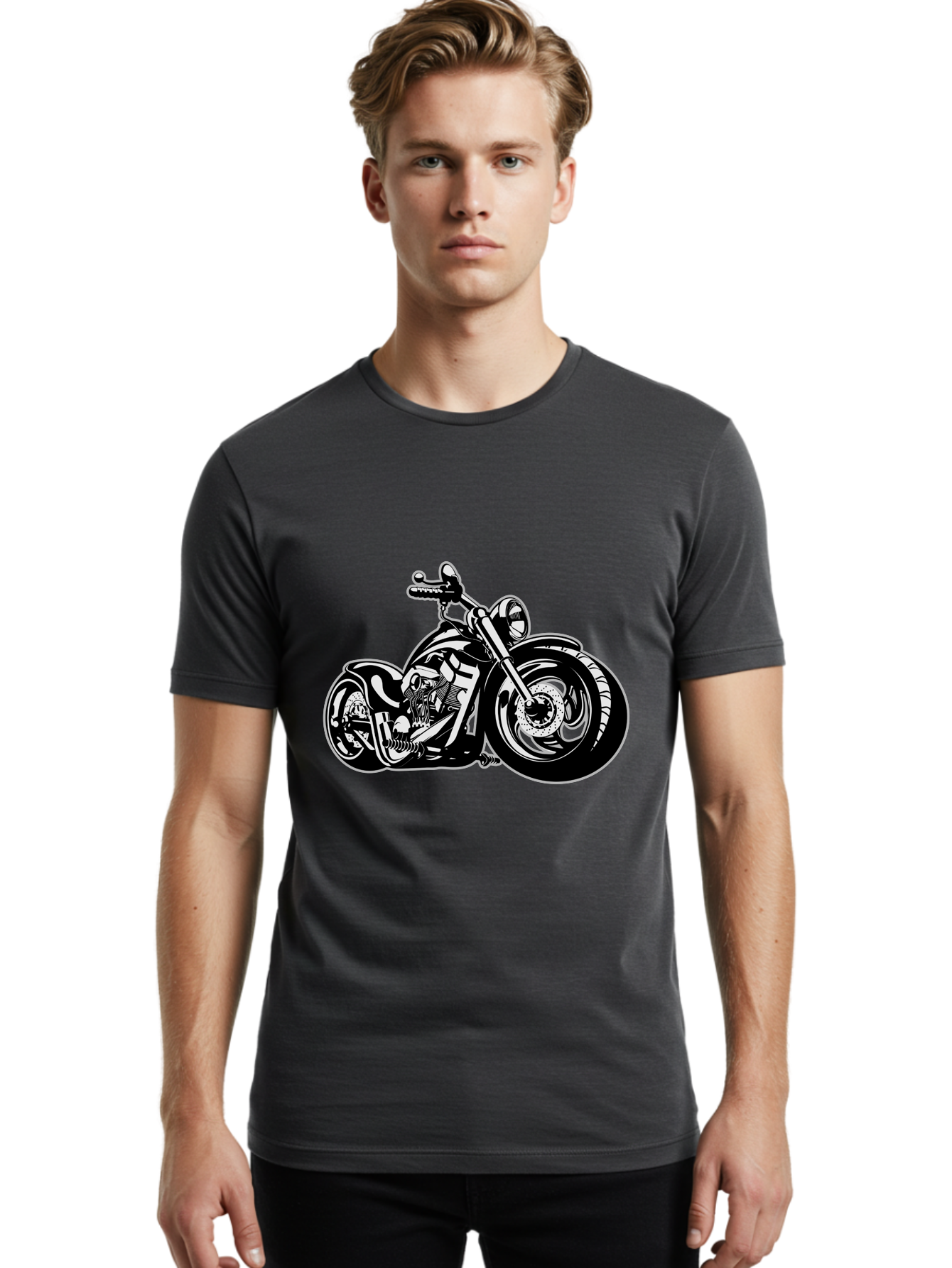 Chopper-Motorcycle Men'S Graphic Tee, 100% Cotton, Comfortable Casual Summer Wear, Machine Washable, Custom Motorcycle, Chopper Bike, Black And White Illustration, Biker Culture, Motorcycle Art, Custom Wheels, Chrome Exhaust, Motorbike Design Aab644