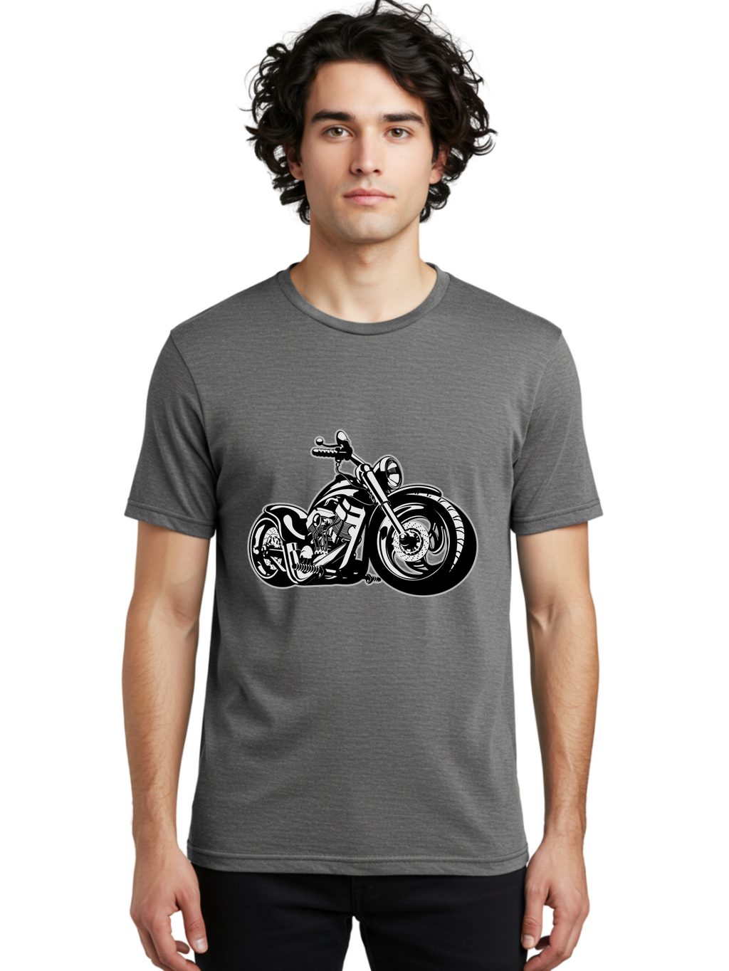 Chopper-Motorcycle Men'S Graphic Tee, 100% Cotton, Comfortable Casual Summer Wear, Machine Washable, Custom Motorcycle, Chopper Bike, Black And White Illustration, Biker Culture, Motorcycle Art, Custom Wheels, Chrome Exhaust, Motorbike Design Aab644
