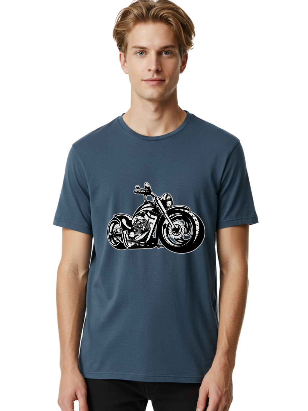 Chopper-Motorcycle Men'S Graphic Tee, 100% Cotton, Comfortable Casual Summer Wear, Machine Washable, Custom Motorcycle, Chopper Bike, Black And White Illustration, Biker Culture, Motorcycle Art, Custom Wheels, Chrome Exhaust, Motorbike Design Aab644