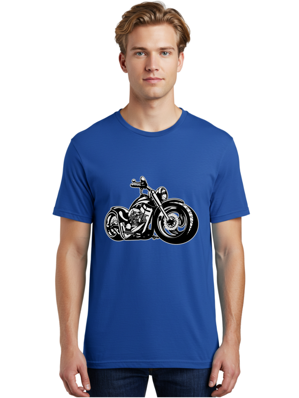 Chopper-Motorcycle Men'S Graphic Tee, 100% Cotton, Comfortable Casual Summer Wear, Machine Washable, Custom Motorcycle, Chopper Bike, Black And White Illustration, Biker Culture, Motorcycle Art, Custom Wheels, Chrome Exhaust, Motorbike Design Aab644