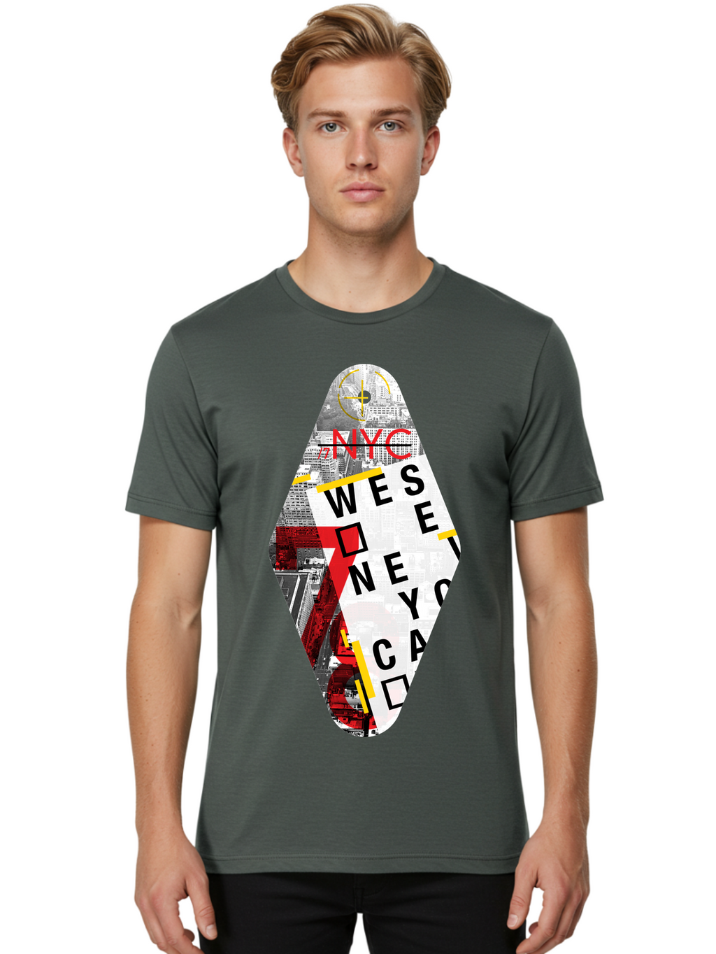 Nyc-West-New-York Men'S Graphic Tee, 100% Cotton, Comfortable Casual Summer Wear, Machine Washable, New York City, Cityscape, Urban Landscape, Abstract Art, Collage, Typography, Modern Design, City Views, Nyc Landmarks, Wesee Concept Aab646